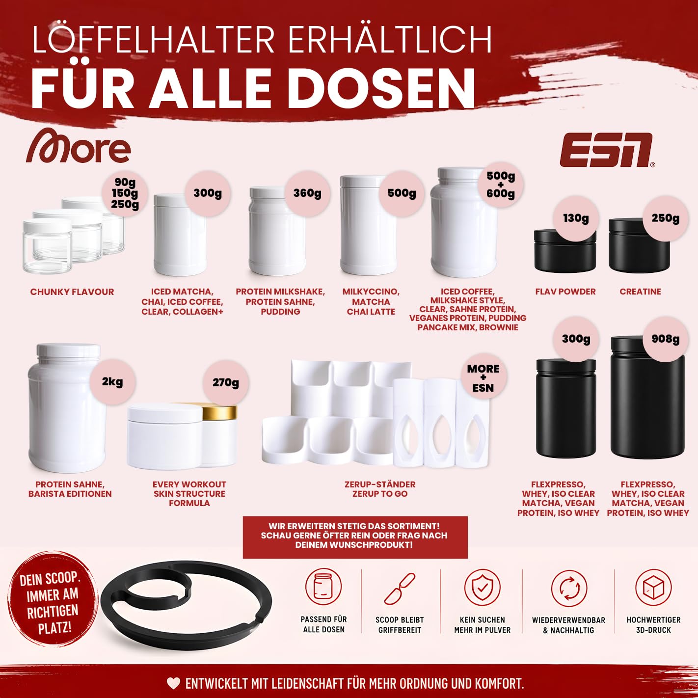 Chunky Flavour Löffelhalter für 90g Dose – Scoop Holder für More Nutrition – 3D Druck, passgenau, hgienisch, 3er Set, diverse Farben