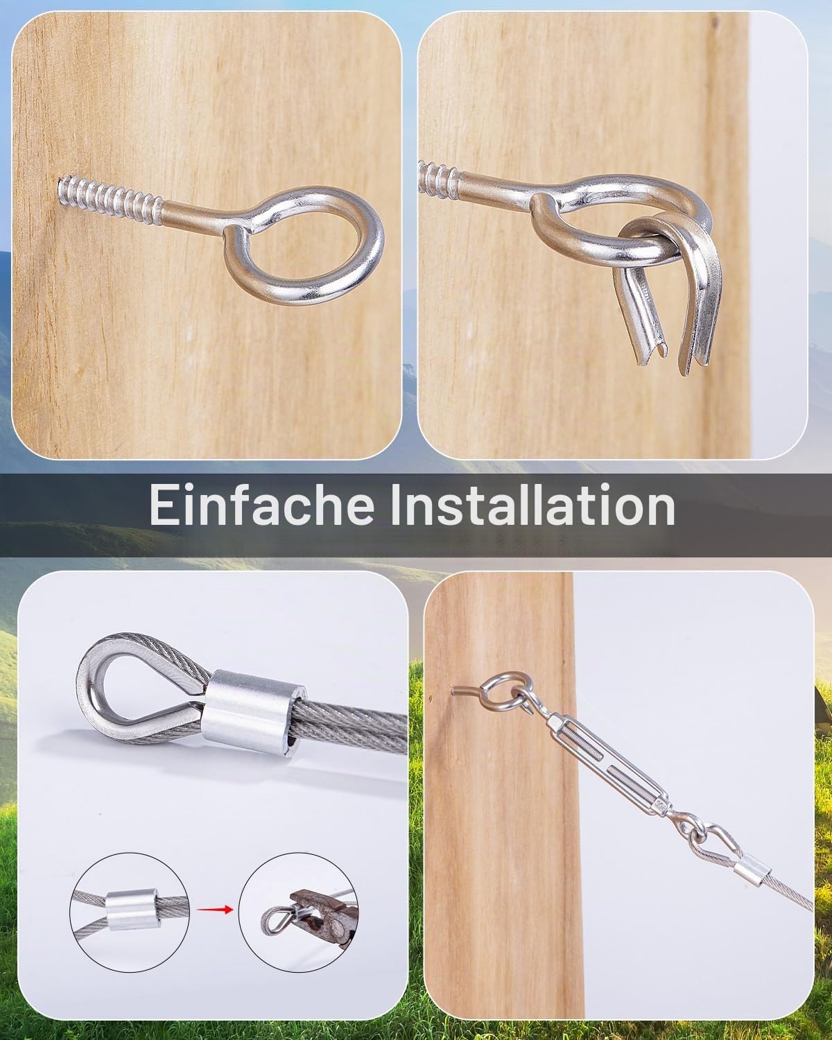 3mm 30m Stahlseil Kit, 304 Edelstahl Drahtseil Rankhilfe, Stahlseil mit ösen, Spanndraht Seilspanngarnitur, für Gardinenseil, Kletterpflanzen,String Light Suspension,Wäscheleine
