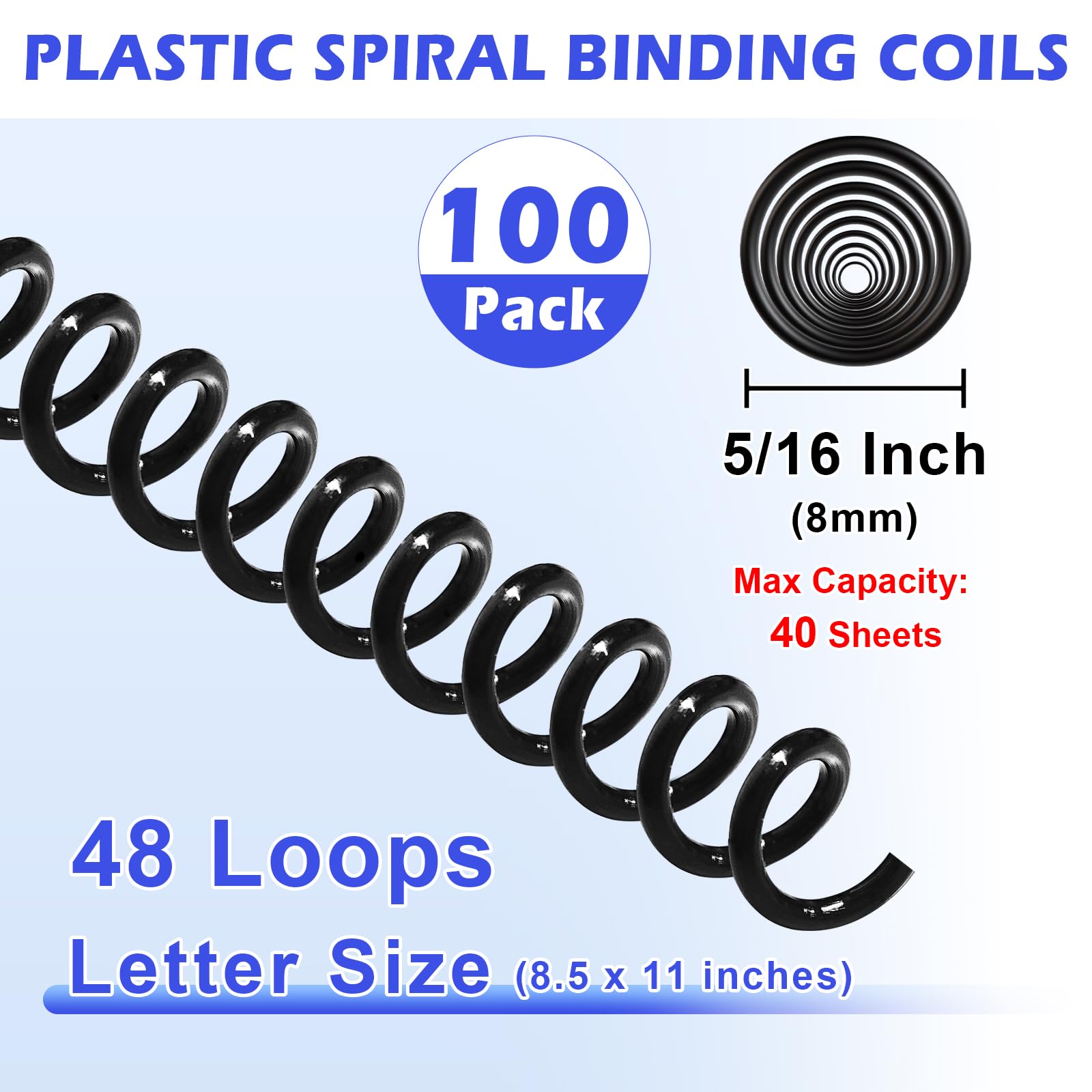 TOTiyea 100 sztuk plastikowych spiralnych cewek do wiązania z tworzywa sztucznego, spirale do wiązania 8 mm, pojemność 45 arkuszy, podział 4:1, czarne
