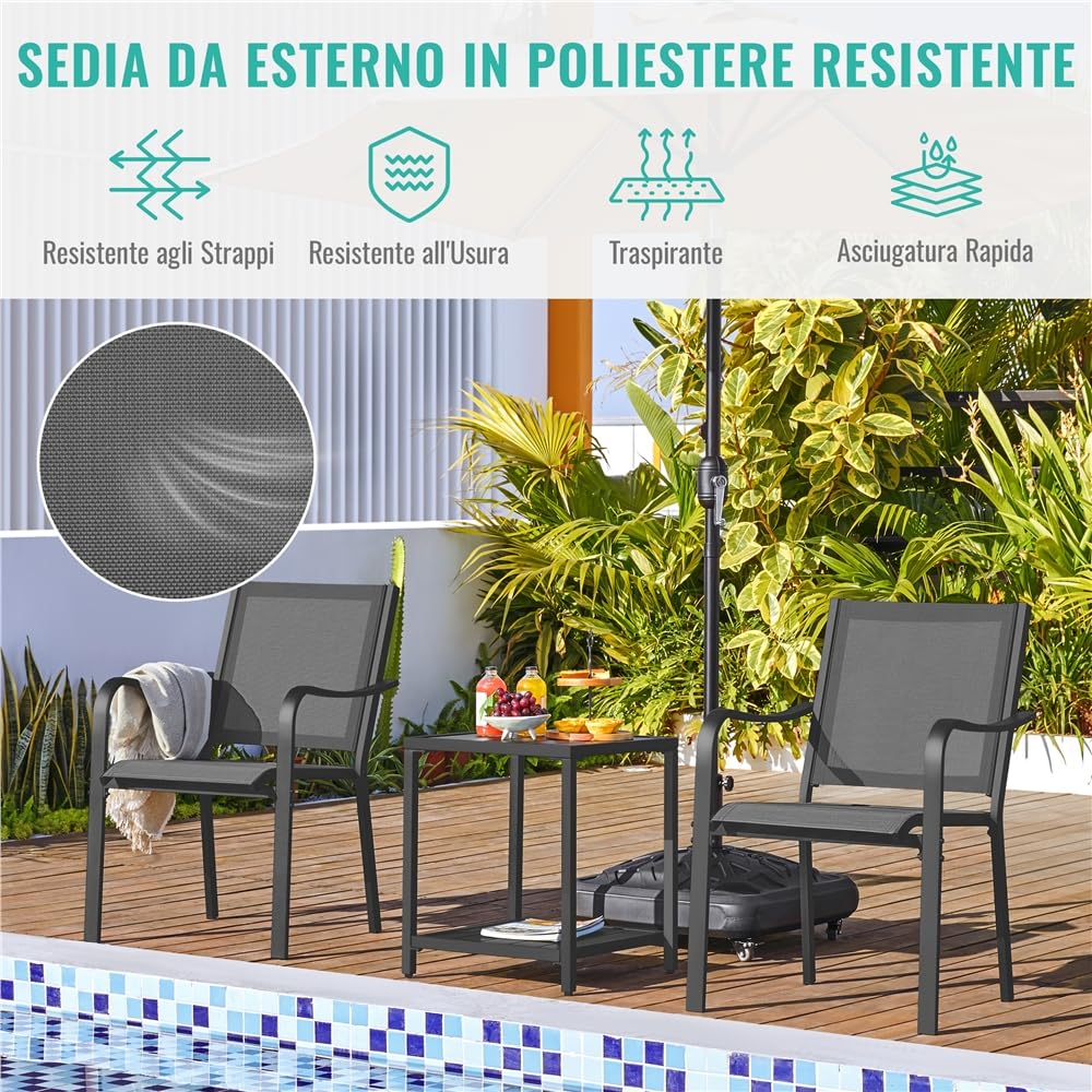 Yaheetech Set di Sedie da Esterno Impilabili con Schienale Braccioli Poltrona da Giardino in Tessuto Textilene per Terrazza Balcone Veranda Piscina Nero