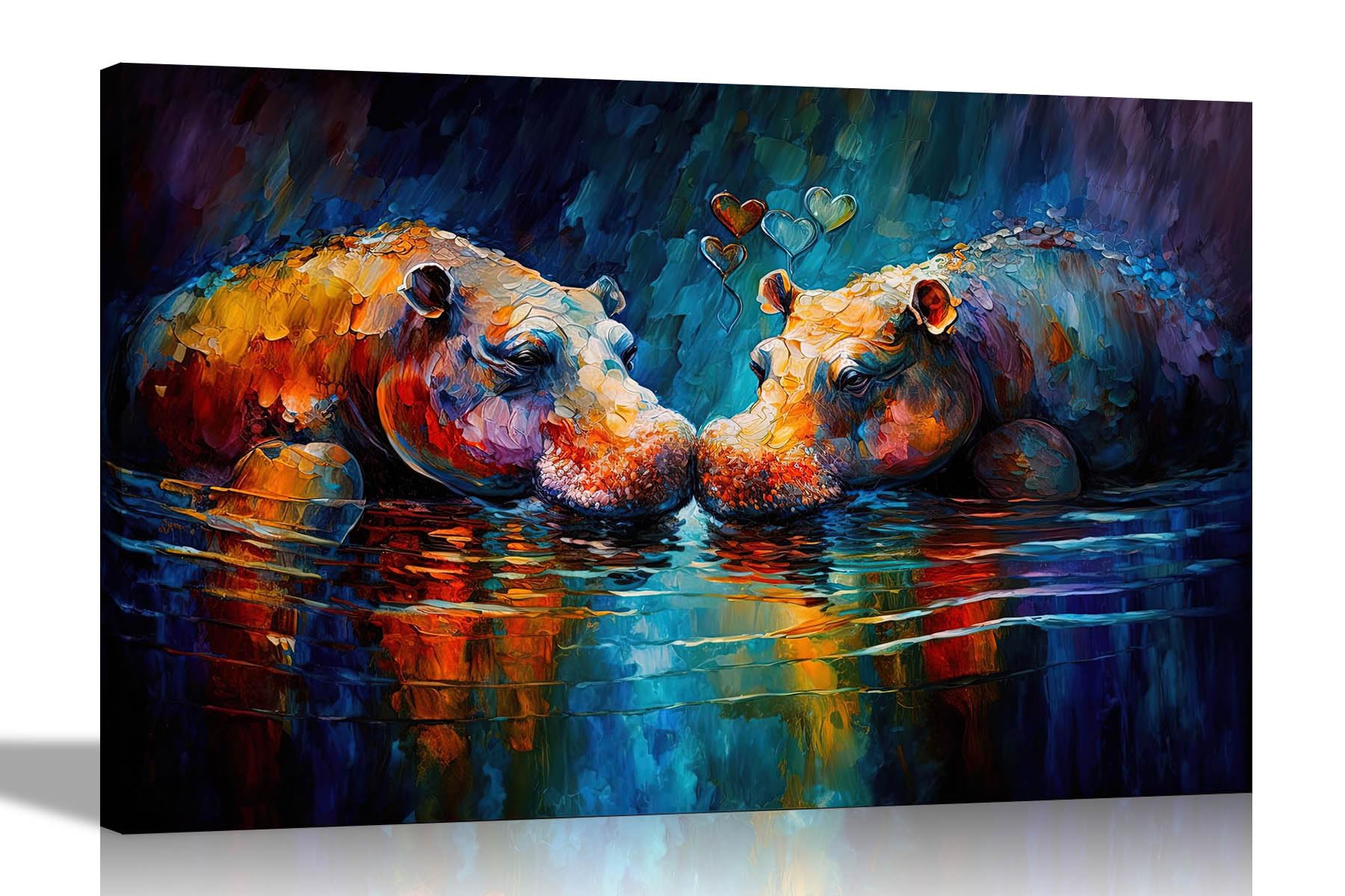 Artley Prints Kissing Hippos - Hippos In Love Kissing Abstract Colourful Canvas Prints For Bedroom, Living Room, Kitchen - Wall Art Animal Pictures 51 X 35Cm (20 X 14 Inches)