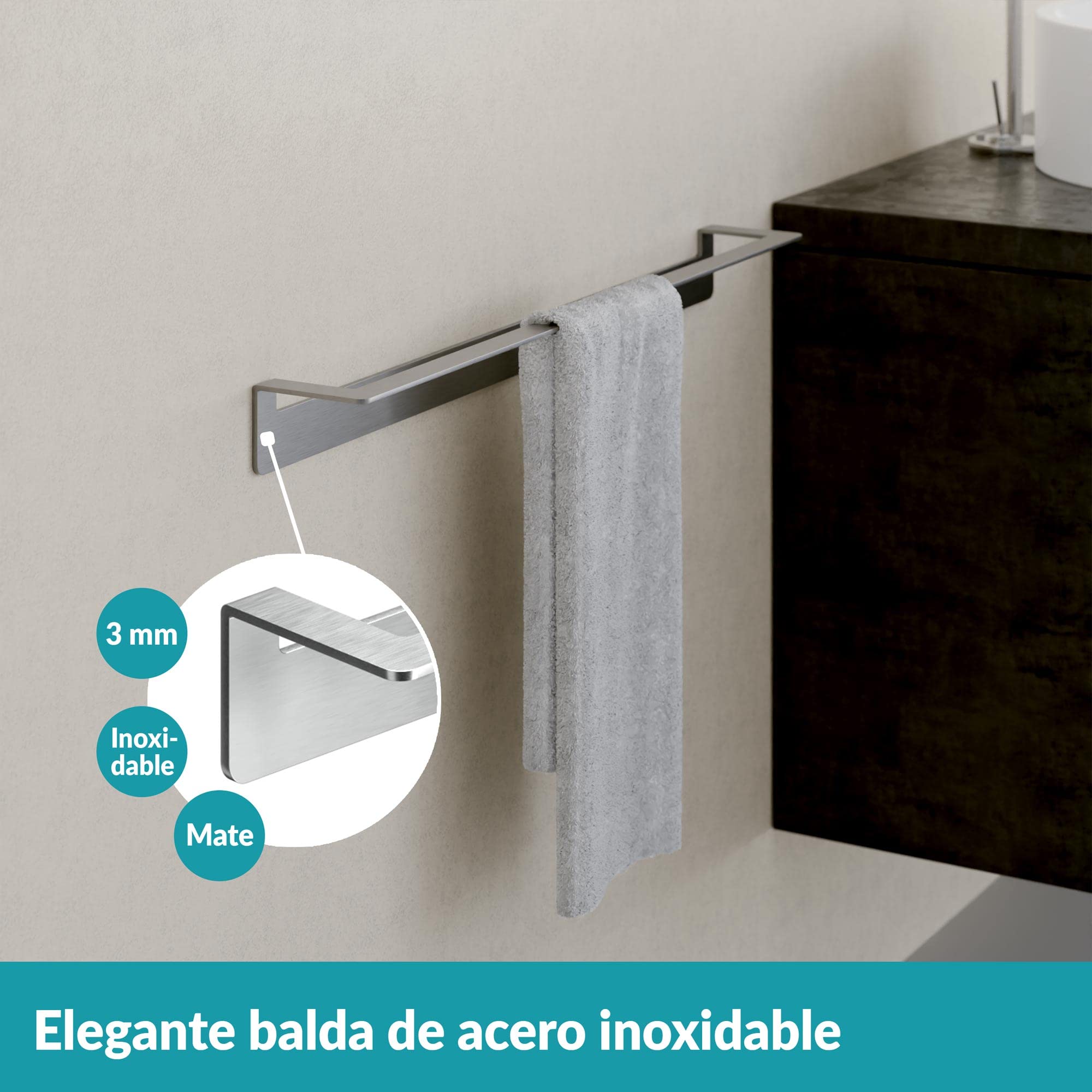 WEISSENSTEIN Toallero de Barra Adhesivo 60 cm - Acero Inoxidable - Portatoallas Pared sin Taladro