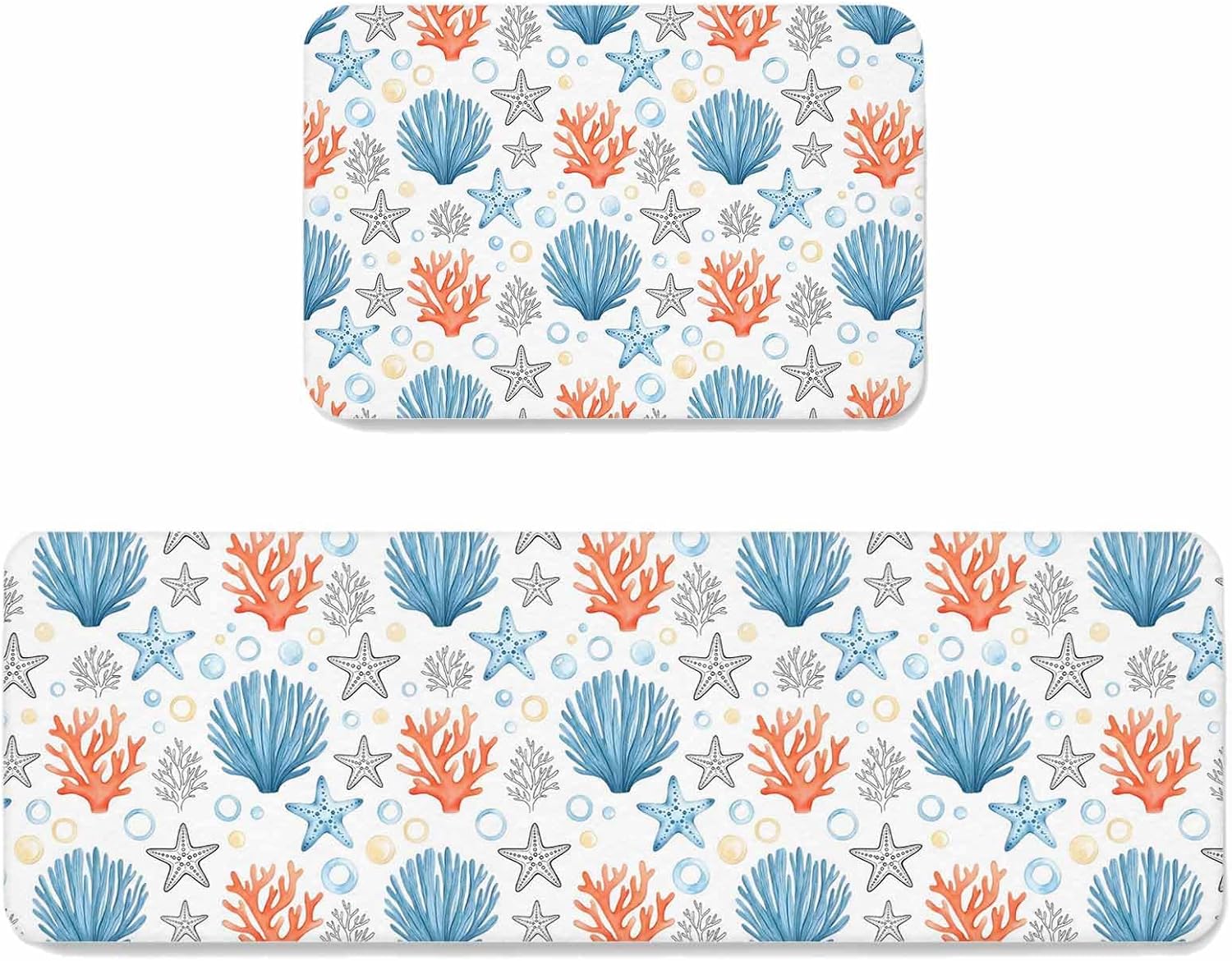Marine Life Kitchen Mat Set 2 Pieces Orange Coral Blue Starfish Shell Bubbles Summer Non Slip Kitchen Rugs Washable Runner Rug Mats for Floor Sink Laundry Office 19.7" x 31.5"+19.7" x 47.2"