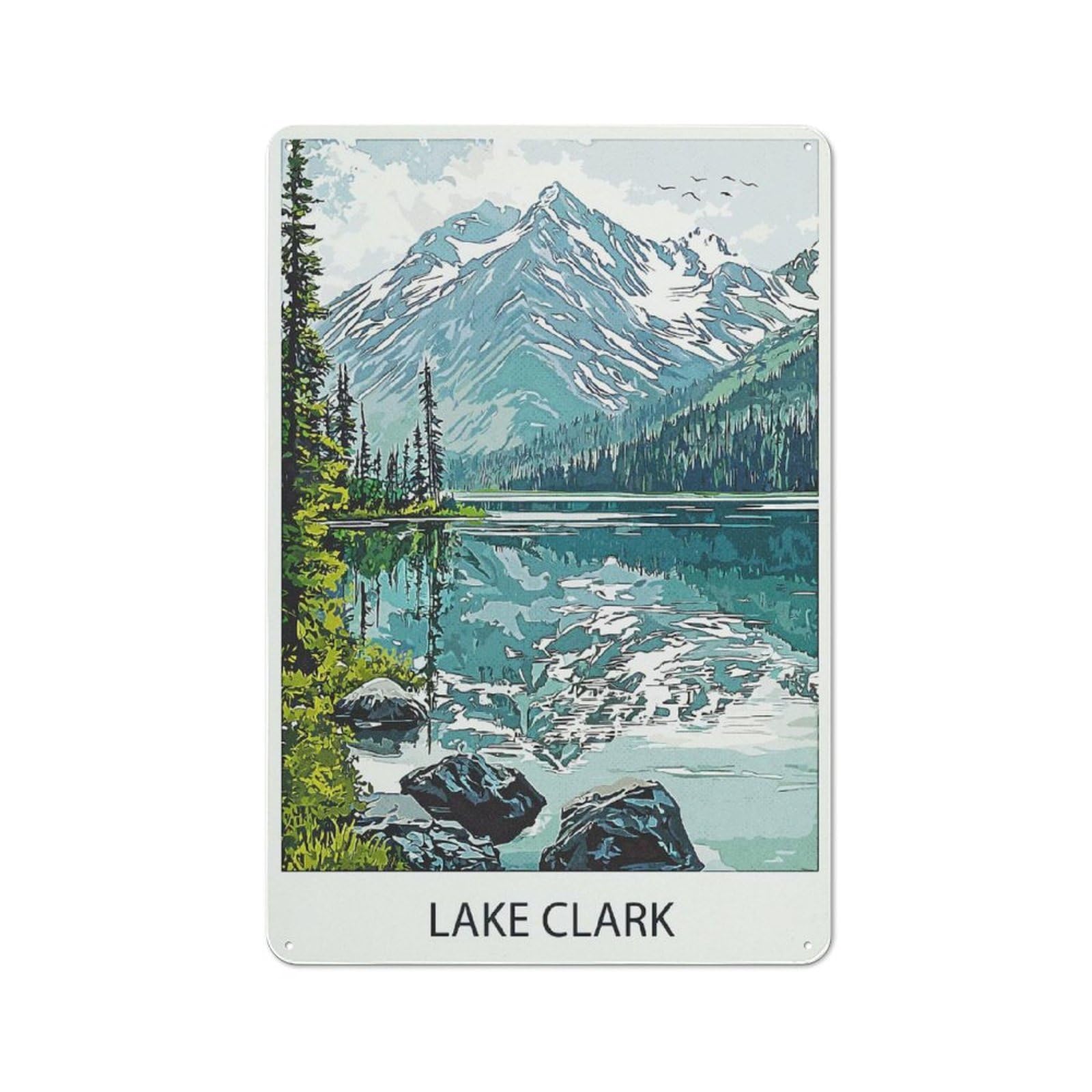 Metal Wall Plaque with Lake Clark Mountain View Design 30x20cm, Simple Retro Studio Wall Plaque for Hobby Room, Office, Lounge Or Living Room