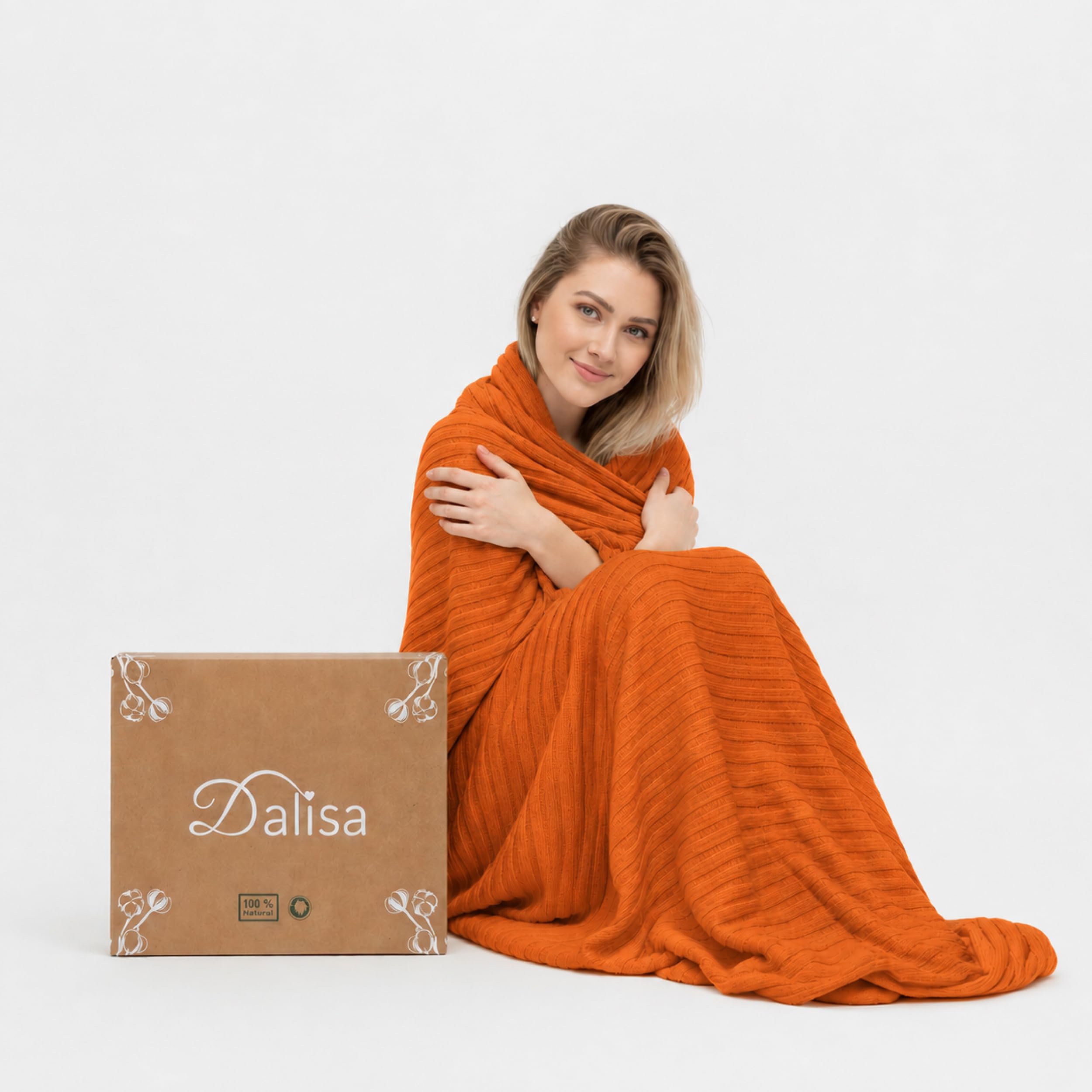 Dalisa 100% Organic Cotton Knit Throw Blanket, Harvest Pumpkin, 60x80 Inches, GOTS-Certified, Crochet Knit, Adult, Eco-Conscious Luxury, Lynx-Inspired Pattern