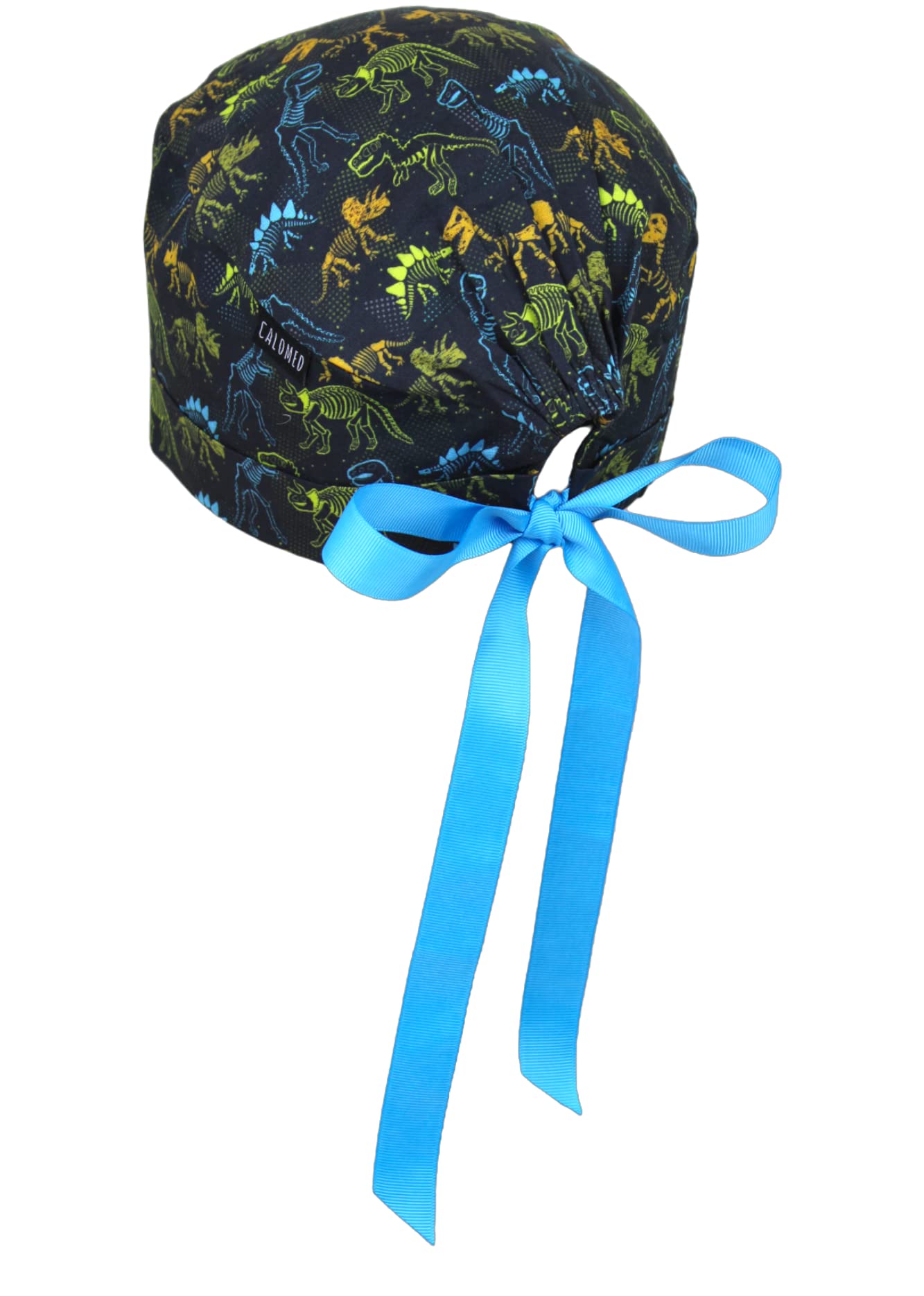 CALOMED Scrub Cap for Women, Short Hair Style Scrub Caps, Working Hat, Head Cover with Ribbons and Buttons, Short Hair (Dino Skeleton) Dinosaurs