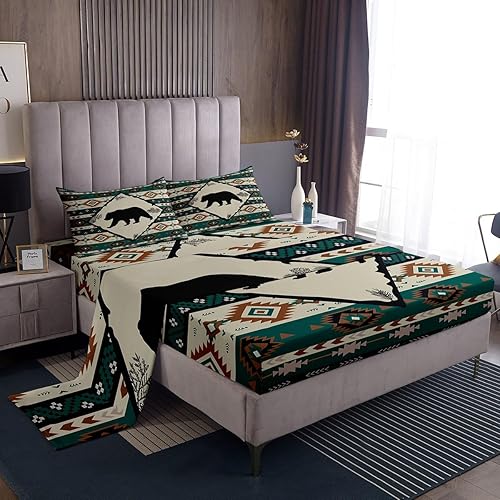 Erosebridal Juego de sábanas rústicas de oso para cabaña, cabaña, cabaña, suroeste, tamaño King, diseño geométrico azteca, tribal, de granja, caza,