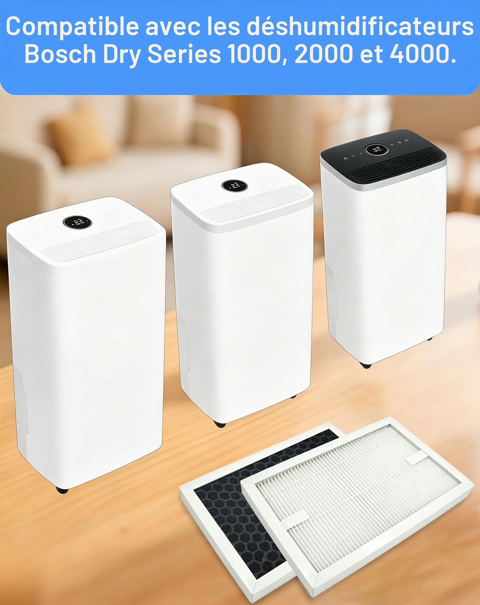 Lot de 4 filtres déshumidificateurs compatibles avec les déshumidificateurs Bosch Dry Series 1000, 2000 et 4000, filtre de rechange 2 en 1