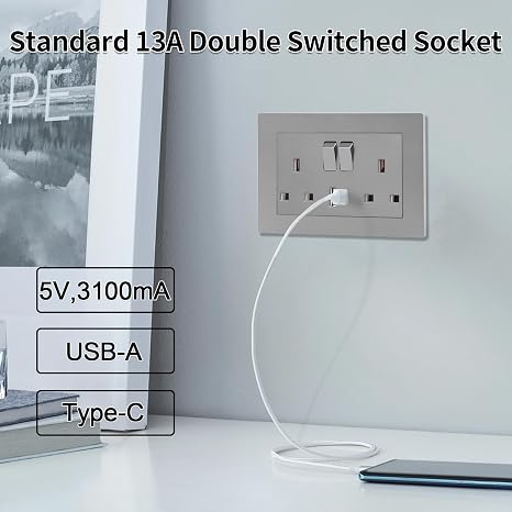 JIMEIDA 5 Pack 13A Double Switched Socket with USB, LED & 2 USB Ports Grey