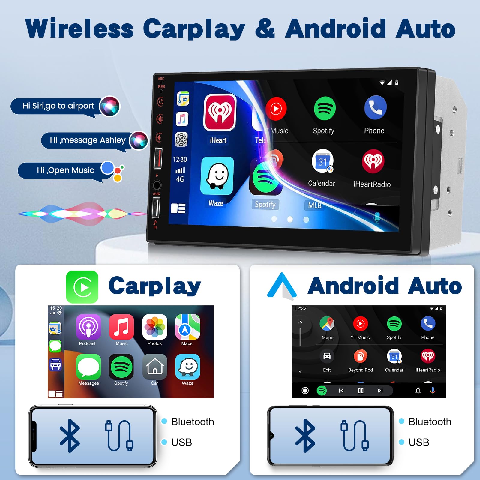 NHOPEEW Radio de Coche 2 DIN Compatible con Carplay inalámbrico y Android Auto - Radio de Pantalla táctil de 7 Pulgadas Compatible con Mirror Link Steer Wheel Control FM EQ + Cámara de Seguridad