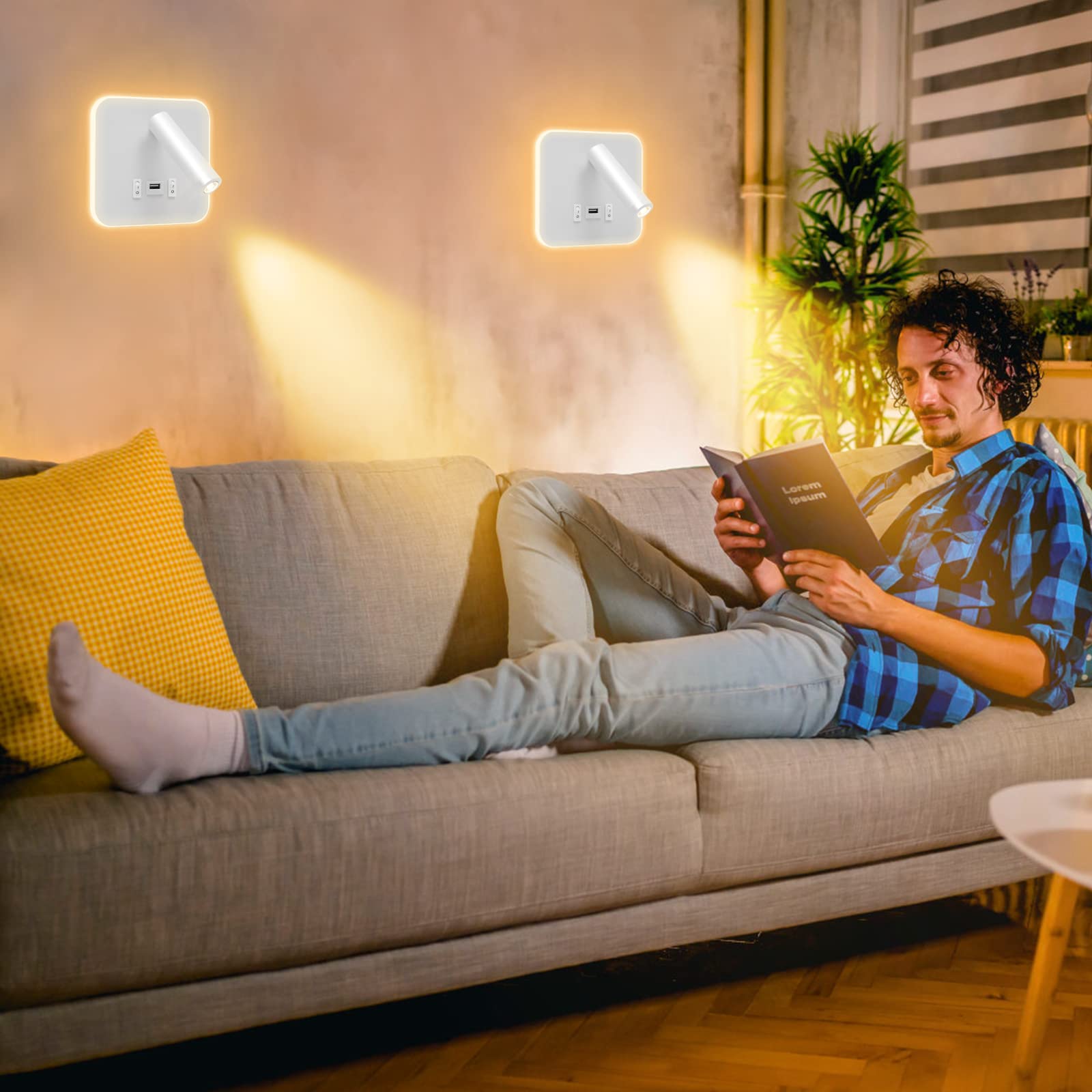 Contraxump Led-wandlamp voor binnen, leeslamp met schakelaar, USB-aansluiting, dienblad, 360° draaibare wandlamp, nacht-/leeslamp (B