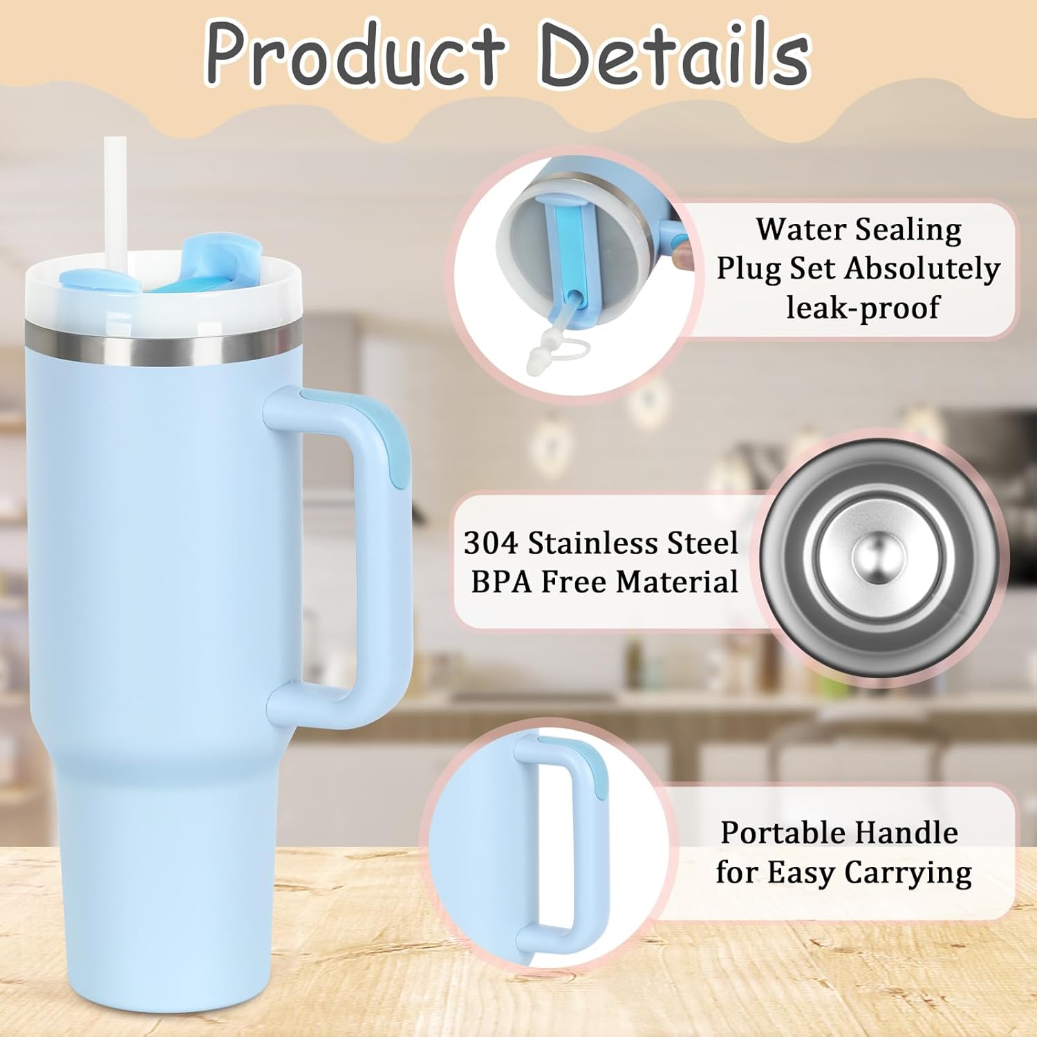 4 Pack 40 Oz Tumblers with Handle Bulk, Double Wall Vacuum Insulated Stainless Steel Tumblers with Lid and Straw, 40 oz Cups with Silicone Spill Proof Stopper Set (Black,Sky Blue,Purple,Hot Pink) - Image 2