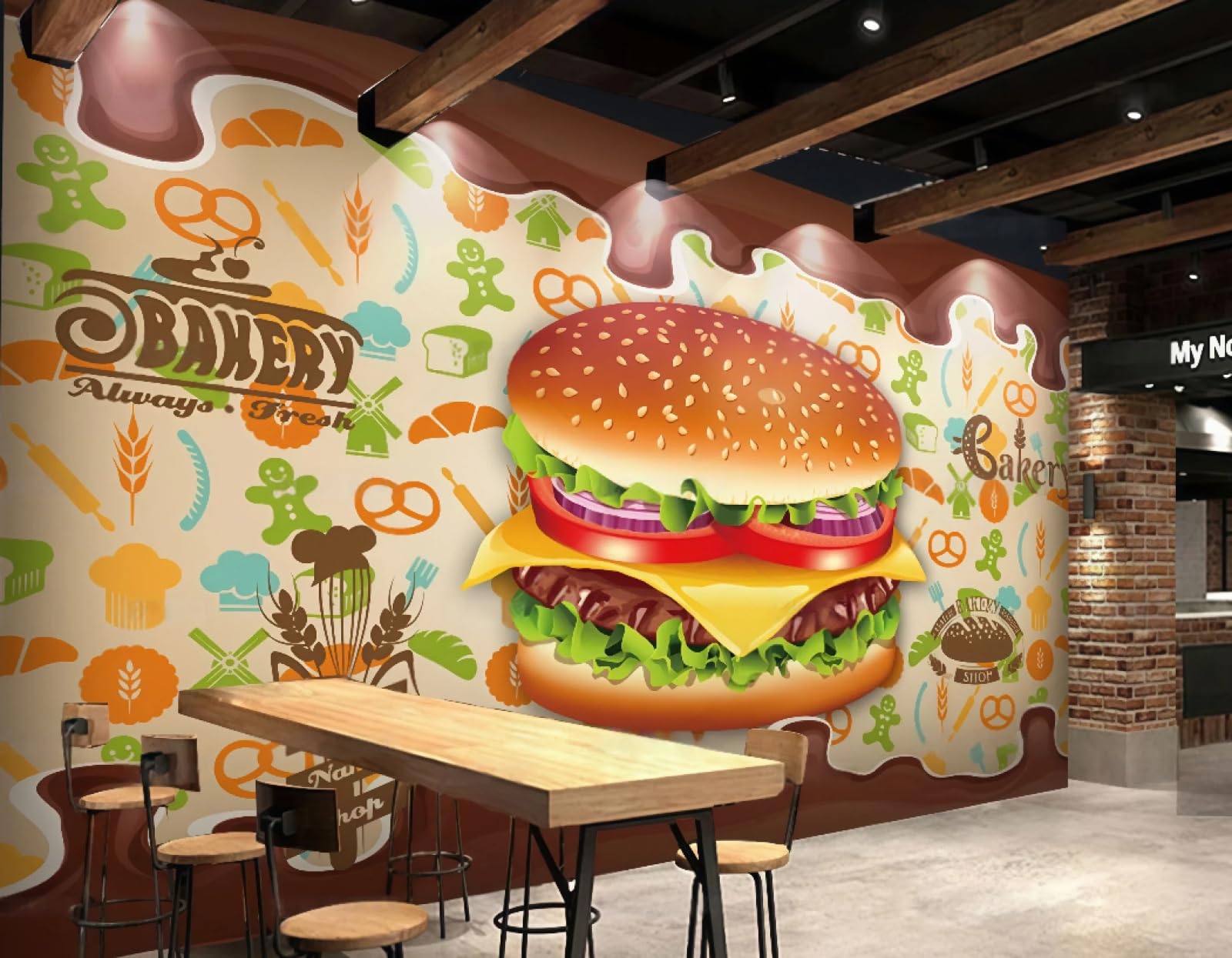 XDOUBAO Wallpaper Hand-Painted Graffiti Pastry Room Burger Fast Food Snack Bar Afternoon Tea Western Restaurant Background Wall Wallpaper Coffee Shop Mural,3D,150x105cm