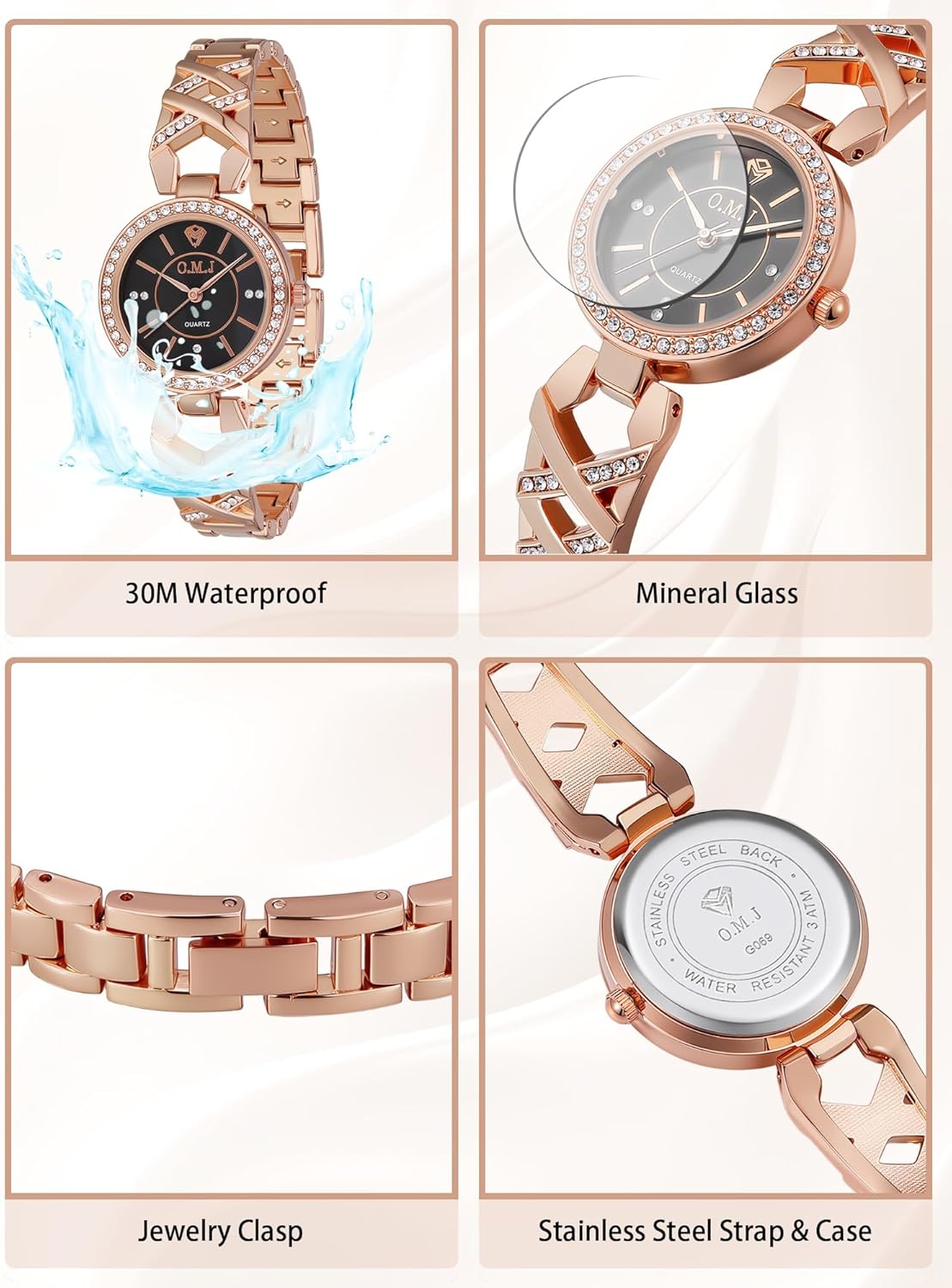 O.M.J Ladies Quartz Watch Rose Gold Crystal Accented 3ATM Waterproof Black Dial Stainless Steel Band
