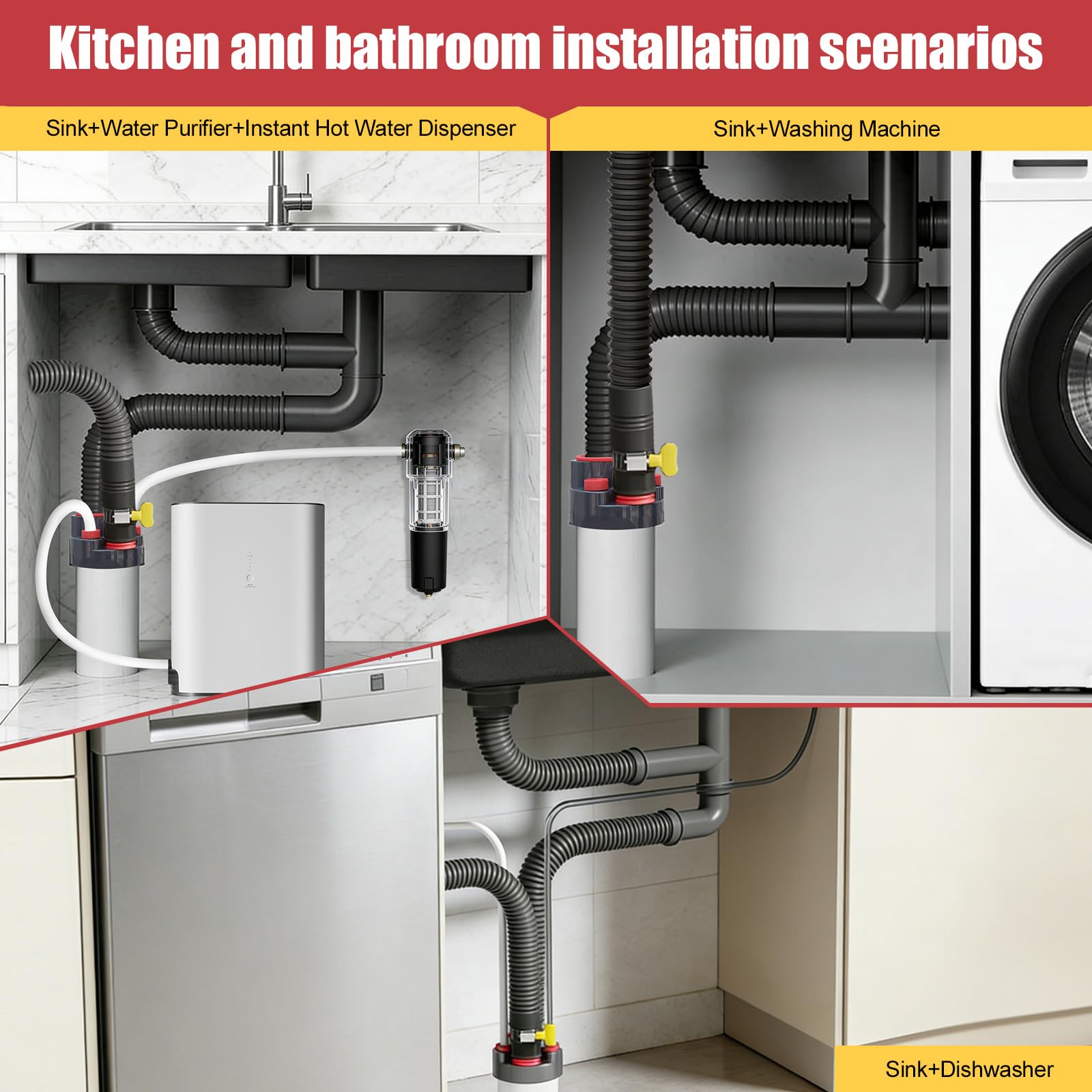 Adaptador de Desagüe para Lavadora y Lavavajillas de 4 Vías, Conector de Drenaje DN 50/75 para Fregadero de Cocina, Sistema Anti-olor y Sellado de ABS Rojo y Gris, Divisor de Tubería de Desague, 1pc — view 6