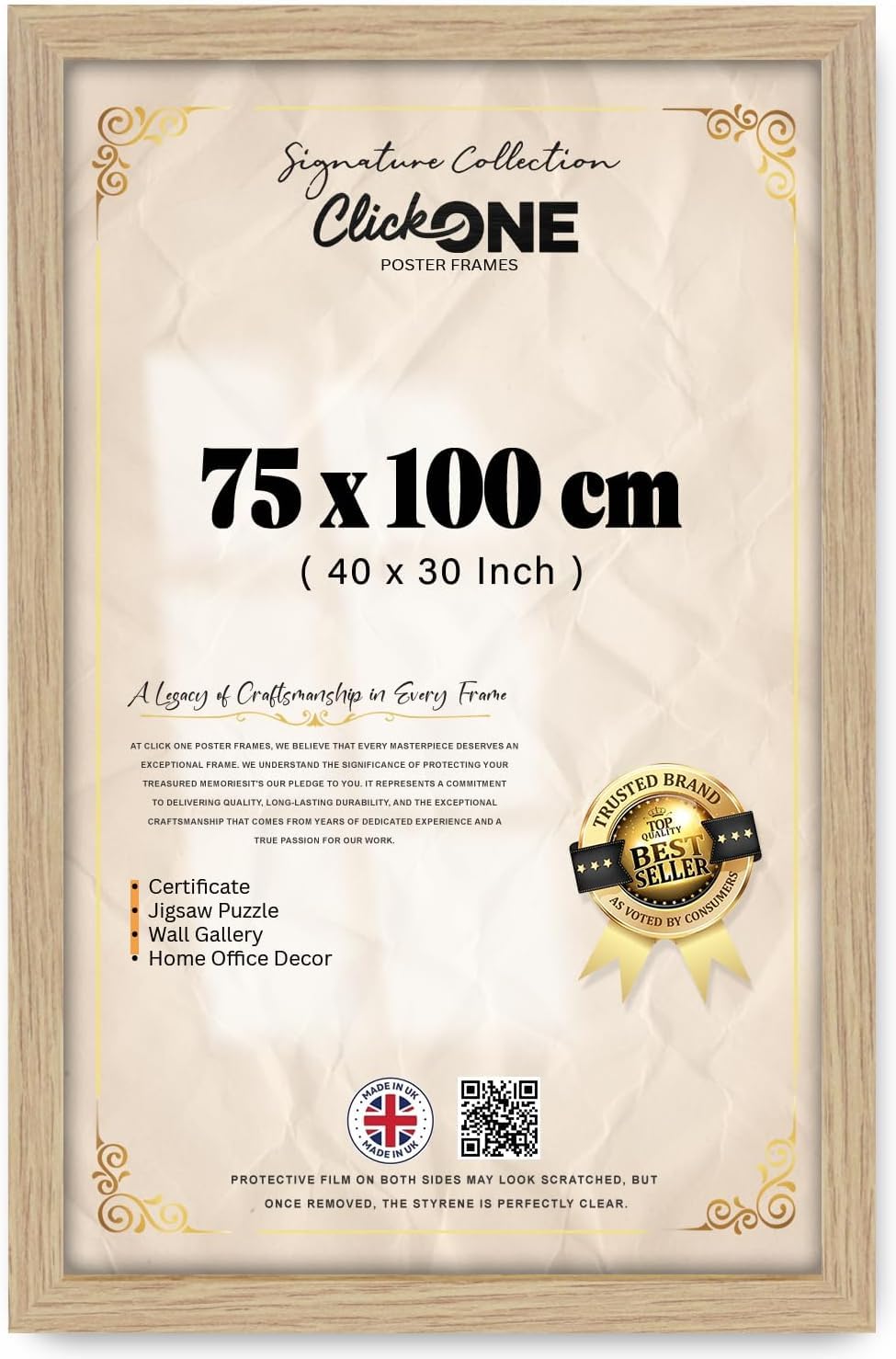 Click One — Epic Collection Poster Frame (75 X 100 CM) | Engineered Wood Frame With Slimline Molding, Perspex Cover, And Hanging Hardware For Horizontal Or Vertical Wall Display — Oak