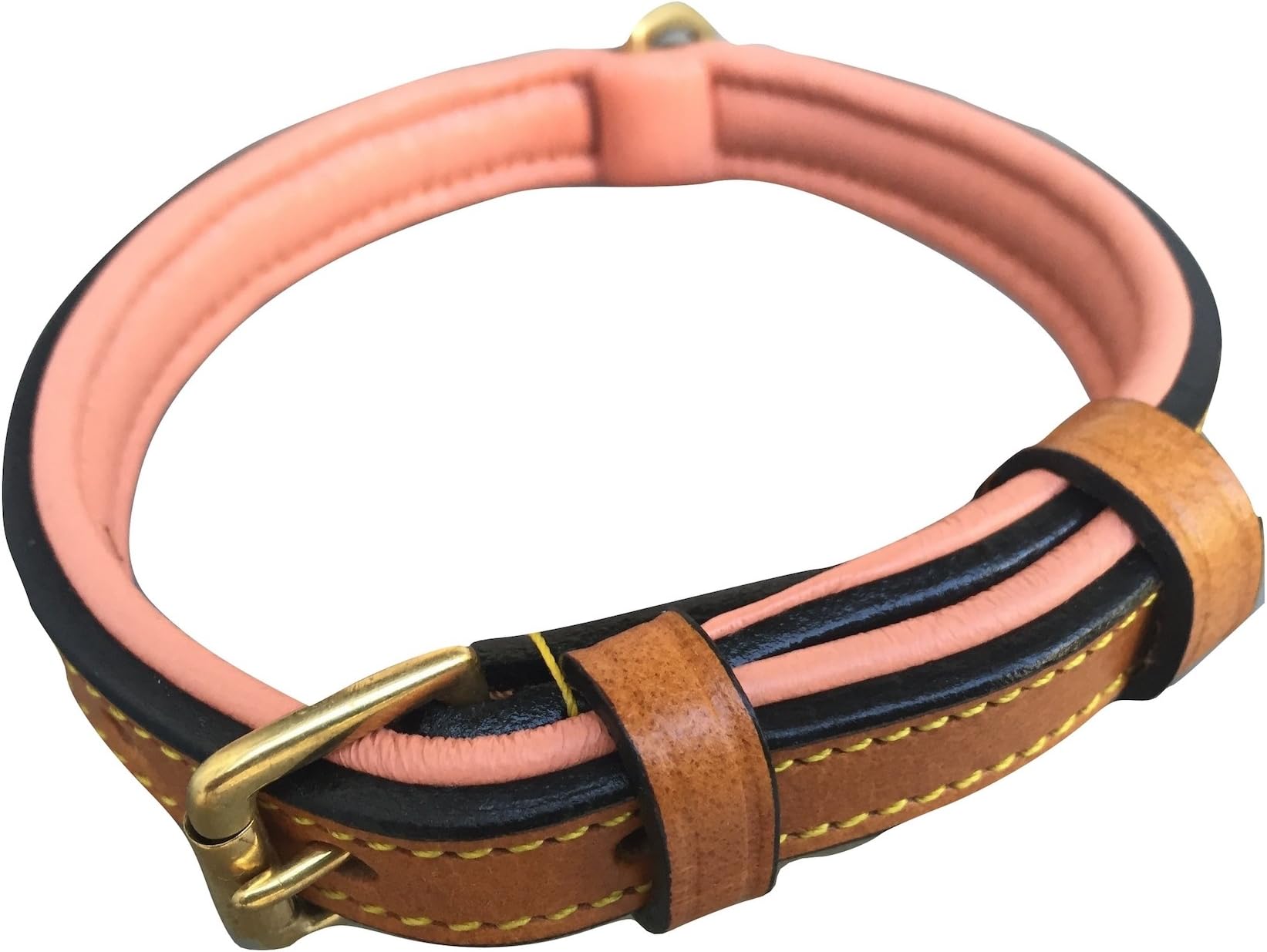 Small Leather Padded Dog Collar, Tan with Coral Padding, 16" Long x 5/8" Wide, Neck Size 11" to 13.5 Inches
