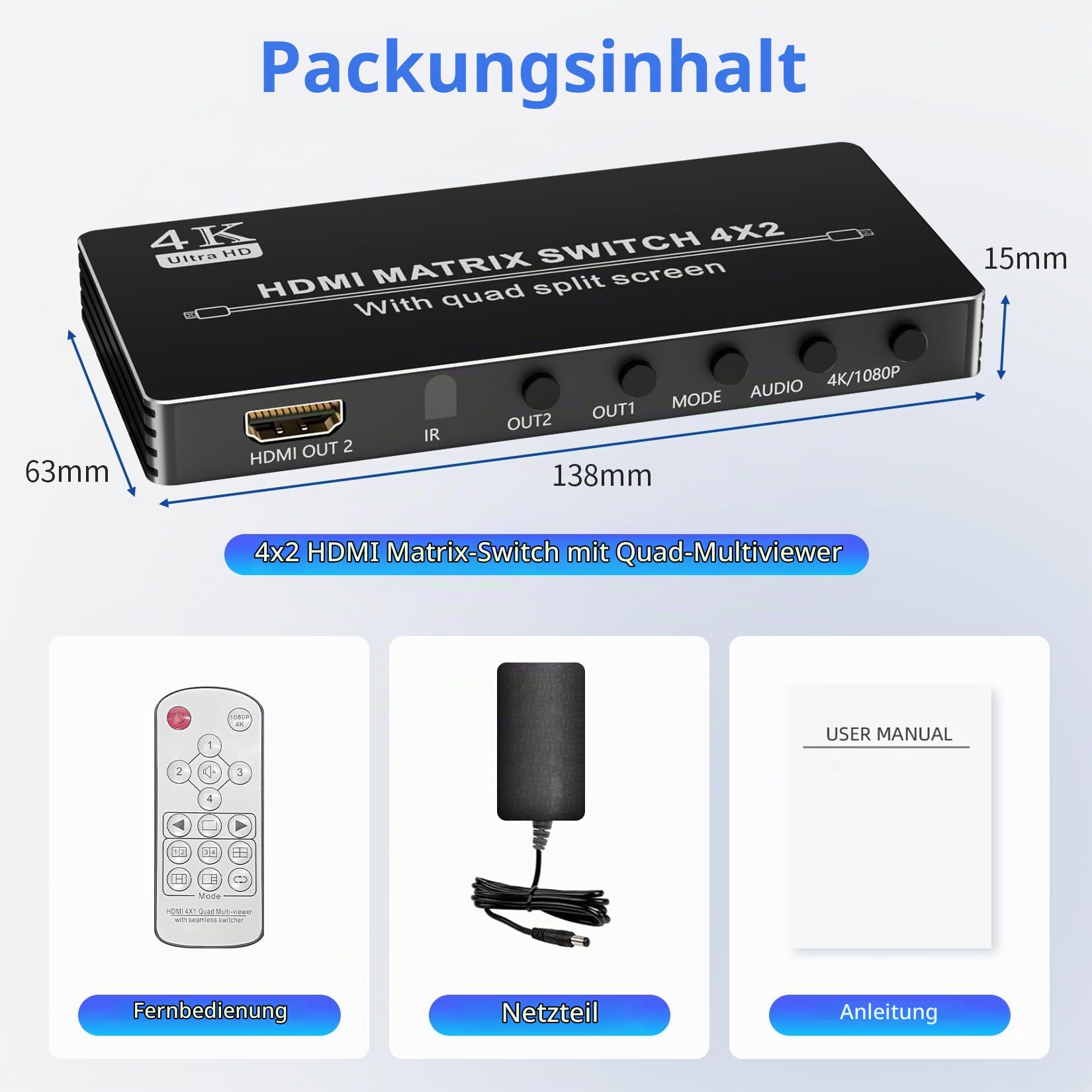 BolAAzul 4X2 HDMI Multi-Viewer Mit Quad Screen und Loop Out - 4K 30Hz Seamless Switch und Matrix
