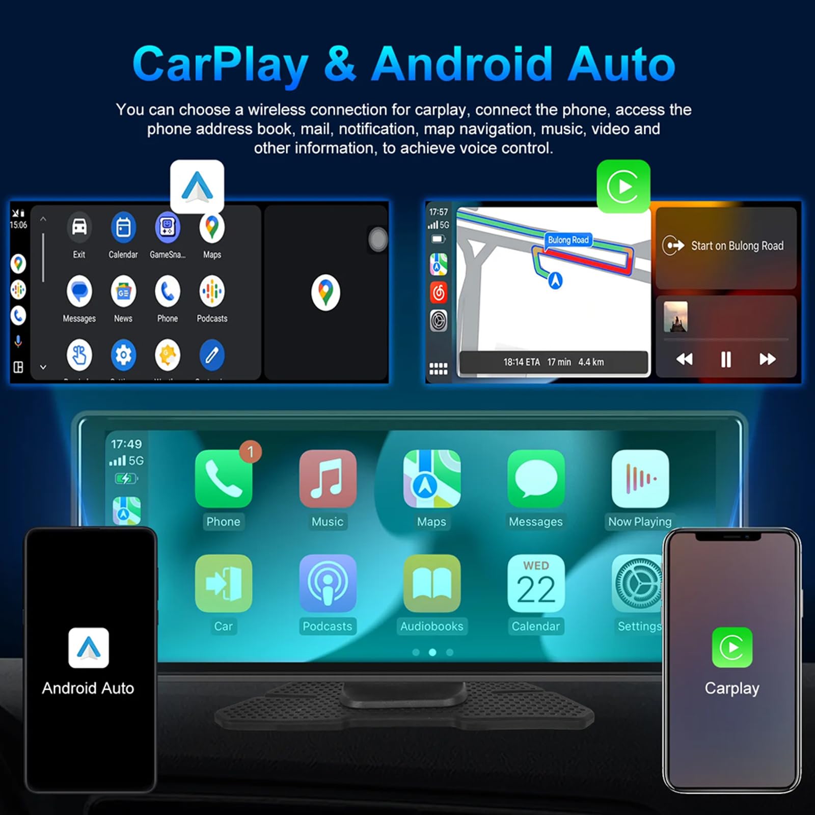 Autoradio portatile wireless Carplay,monitor portatile per auto touchscreen HD da 10,26" Wireless Android Auto con telecamera di backup Siri Mirror link Trasmettitore FM Bluetooth 9V-36V