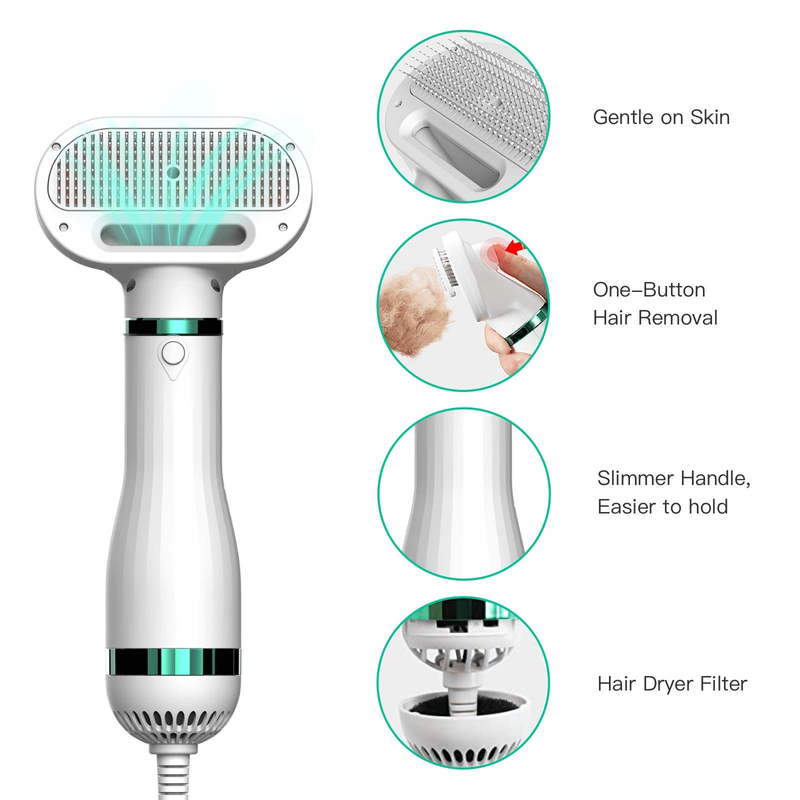 Pet Hair Dryer,3-in-1 Low Noise Pet Grooming Hair Dryer Portable Home Pet Care with Slicker Brush and One-key Cleaning Comb for Small Large Cat Dog,The perfect combination of dog bathing station,white
