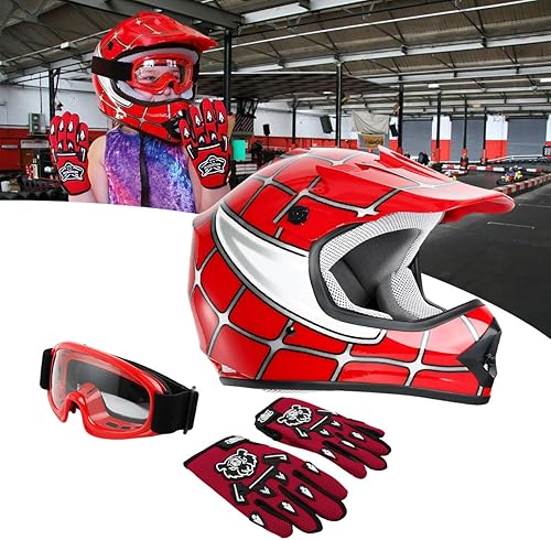 Miniatura 2 de SLMOTO - Casco de motocross para niños y niñas, aprobado DOT, casco para VTT, diseño de araña roja, Casco + Gafas + Guantes
