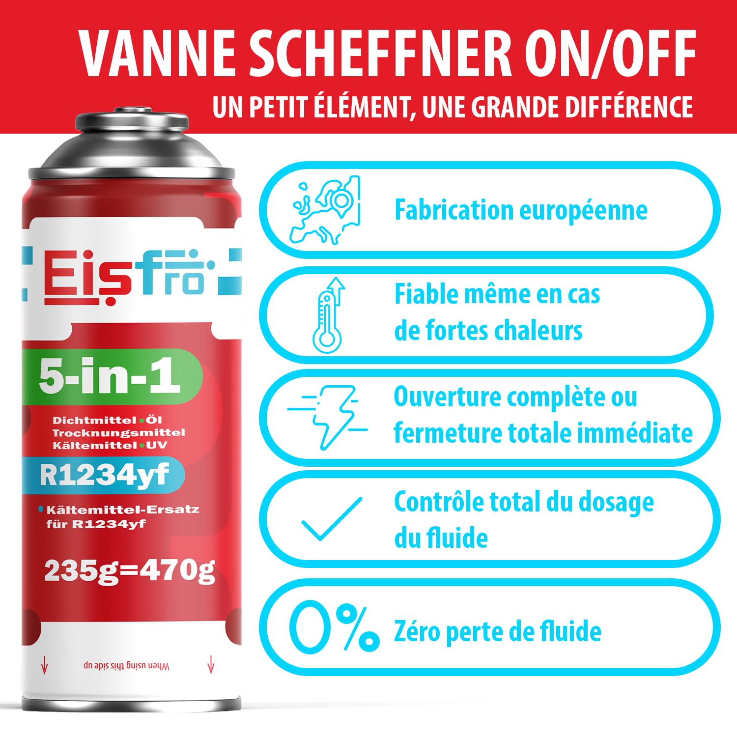 5-en-1 – 3X Réfrigérant R1234yf pour Climatisation Auto avec Huile, Stop-Fuite, Traceur UV Et Déshydratant – Application Rapide – Protège Le Compresseur – 235 g Chaque Boîte