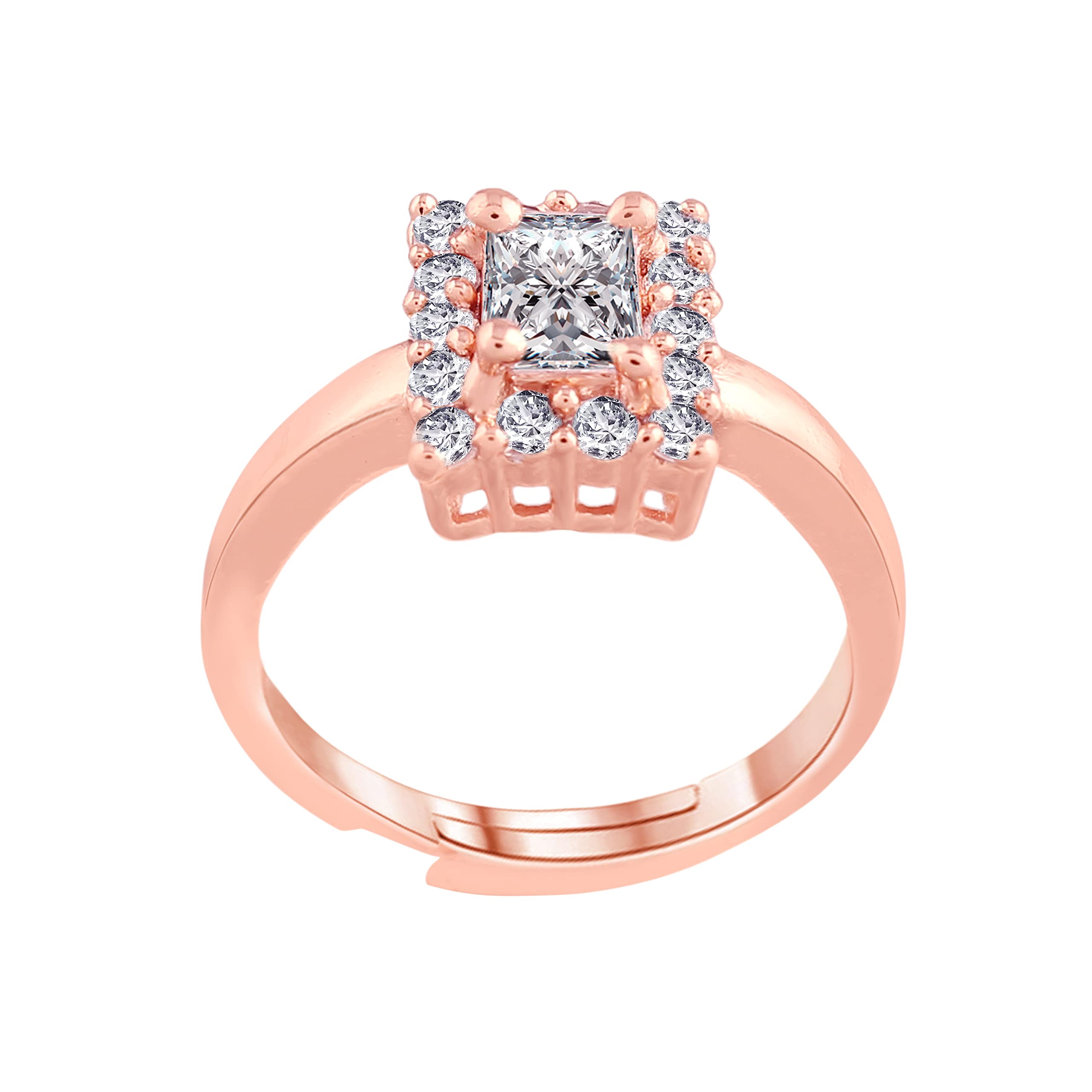 I Jewels Rose Gold Plated Valentines Special Elegant Classy CZ Crystal Adjustable Designer Finger Ring for Women and Girls