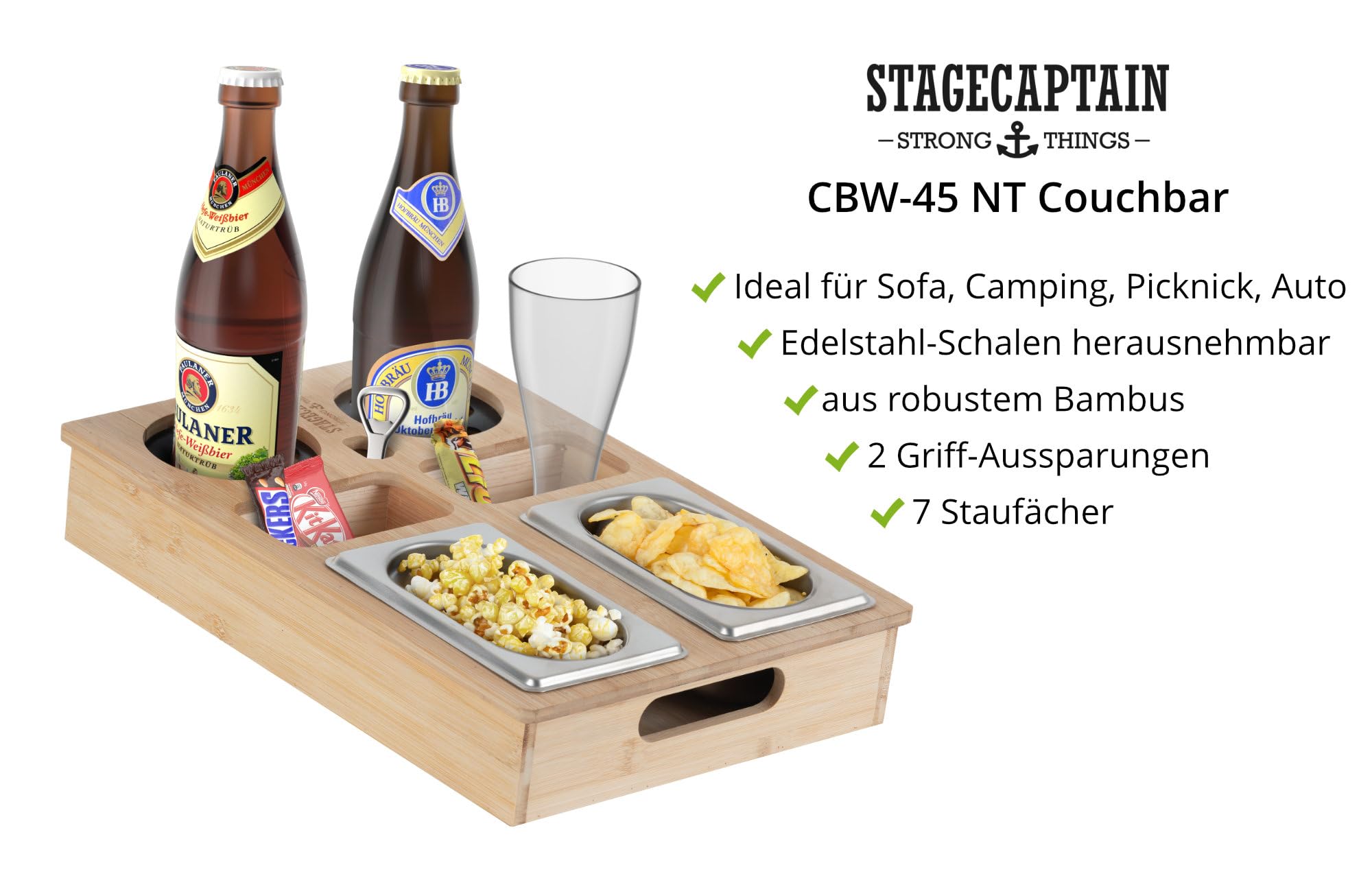 Stagecaptain CBW-45 NT Couchbar - Snackbar aus Bambus für Wohnzimmercouch - Praktische Griff-Aussparungen - 7 Staufächer für z. B. Snacks und Getränke sowie Flaschenöffner - Becherfixierung aus Gummi