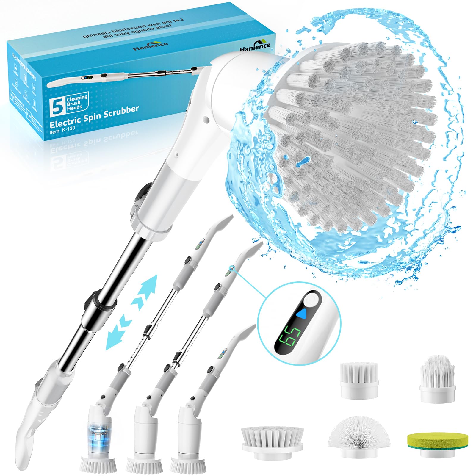 Electric Spin Scrubber,Power Scrubber with 2 Adjustable Speeds up to 600RPM, LED Power Display and 3 Adjustable Angle, Cordless Cleaning Brush for Bathroom, Grout, Tile, Floor and Shower Cleaning