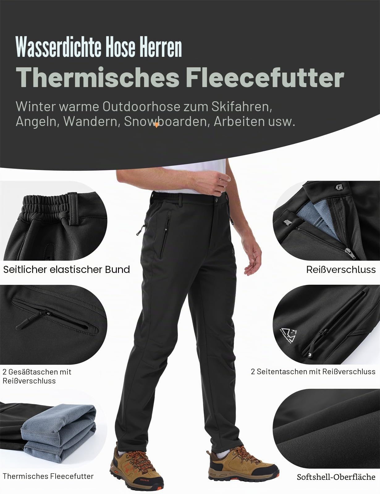 Rdruko Softshellhose Herren Winterhose Wasserdicht Skihose Winter Arbeitshose Warme Gefüttert Hosen Wanderhose Outdoorhose