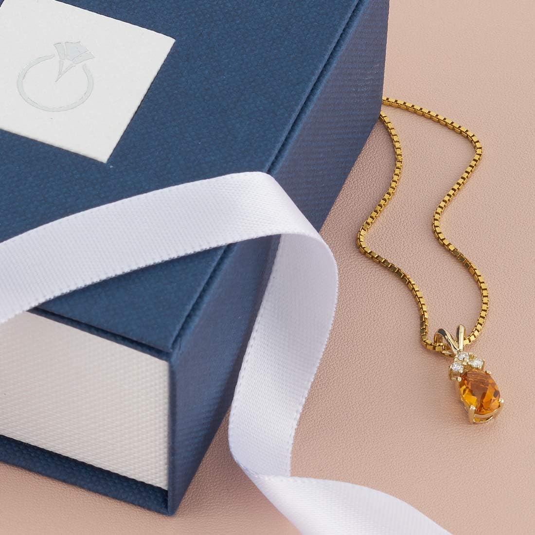 PEORA Solid 14K Yellow Gold Citrine with Diamonds Pendant, Genuine Gemstone Dainty Solitaire, Oval Shape, 7x5mm, November Birthstone Citrine Necklace, Real Citrine Necklace, w/Jewelry Box