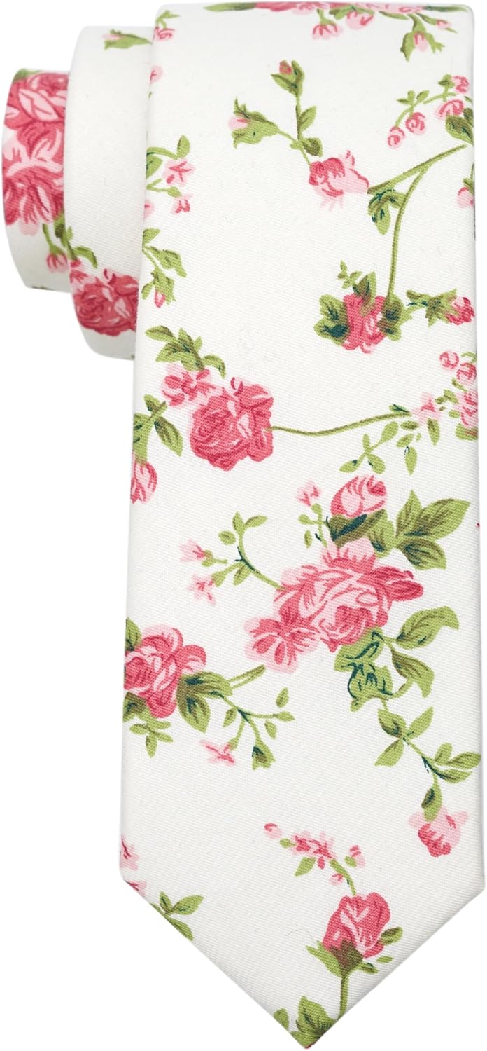 Men's Cotton Printed Floral Tie 2.5" Skinny Necktie with Flower Pattern,Gift Box