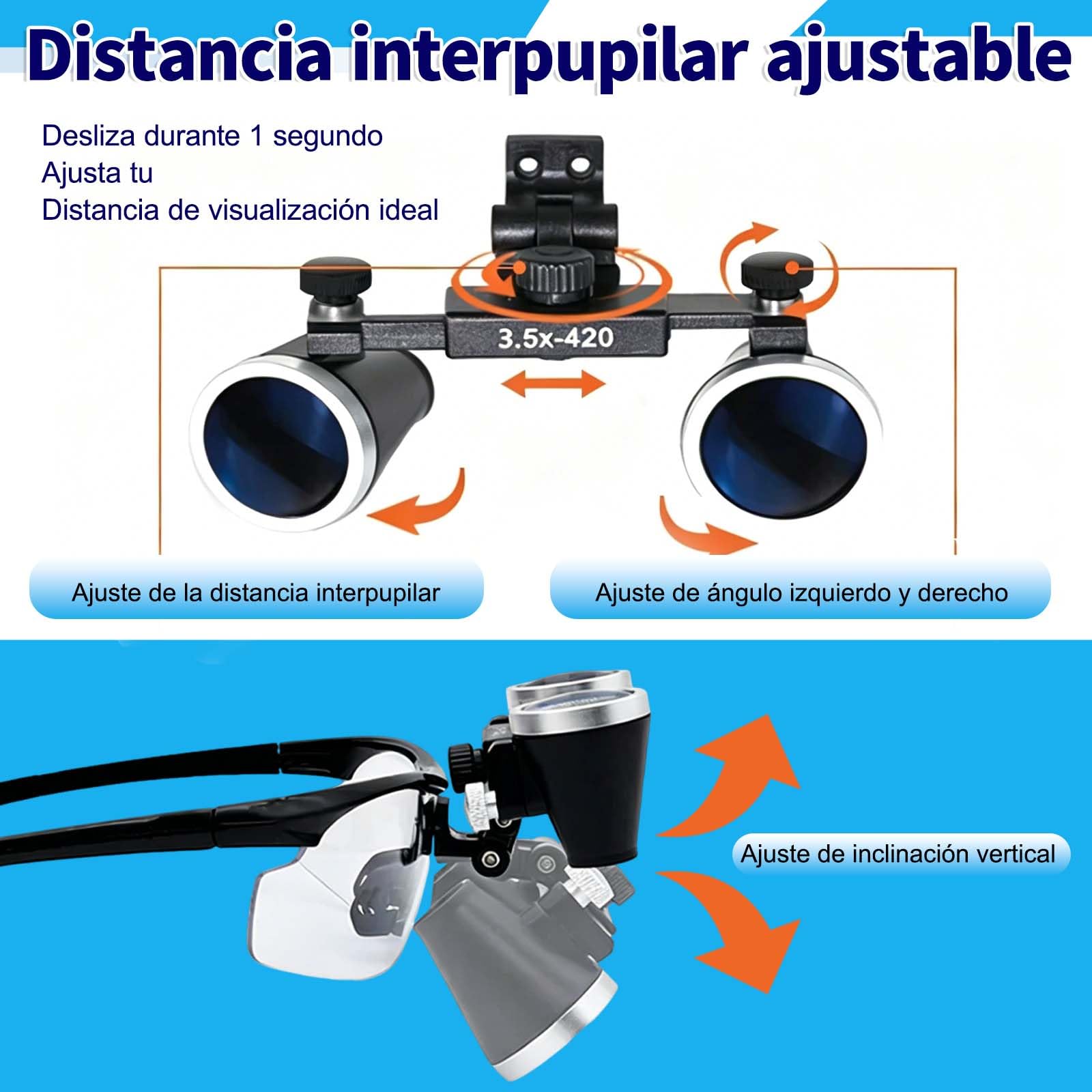 Lupa de 3,5 x 420 mm,de Ajuste de Dos Vías Gafas Mde Lupa Binocular,utilizada en ortopedia, microcirugía, cirugía, cirugía oral, lupas binoculares.