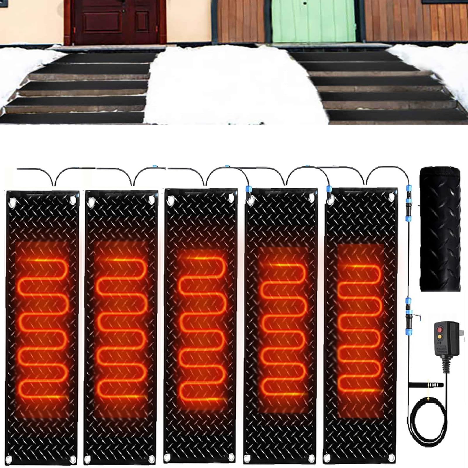 iumLeap Heated Snow Melting Mats for Entrances Outdoor Stairs 1/2/3/4/5 pcs Non-Slip Winter Removal and Ice Melt Products -Snow Melting Mats, for Winter Snow Removal(5 Pcs-10inx35.4in (25.4x90cm))