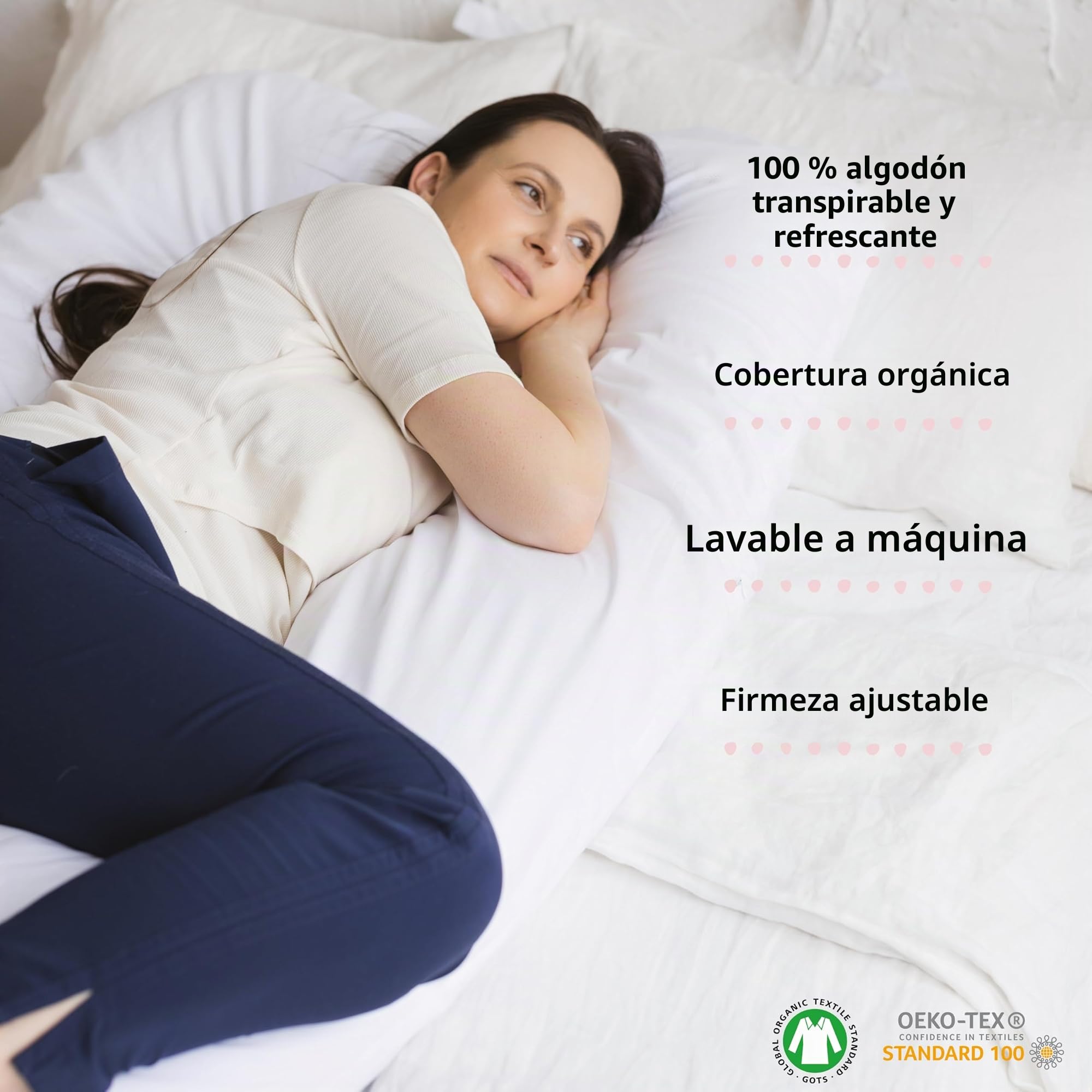 MINICAMP Cojín Embarazada en U | Relleno Natural de Kapok | Algodón Orgánico Certificado Gots | Almohada Embarazo para Dormir y Lactancia | Funda Extraíble Lavable