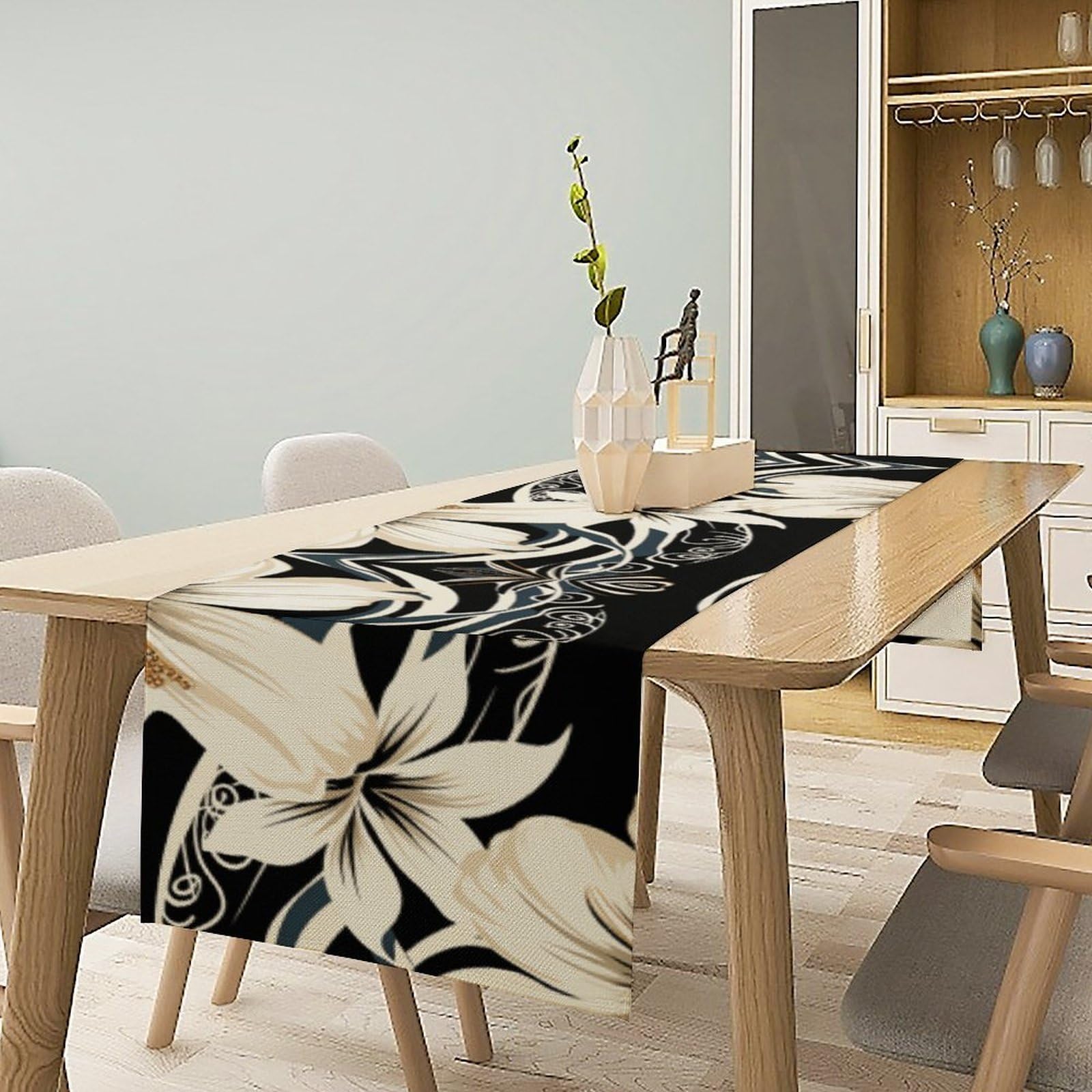 Black and White Hawaiian Flowers Table Runner 13x72 Inch Linens Burlap Table Runner with Tassels Boho Farmhouse Table Runner for Kitchen Home Christmas Halloween Party Table Decor Tablecloth