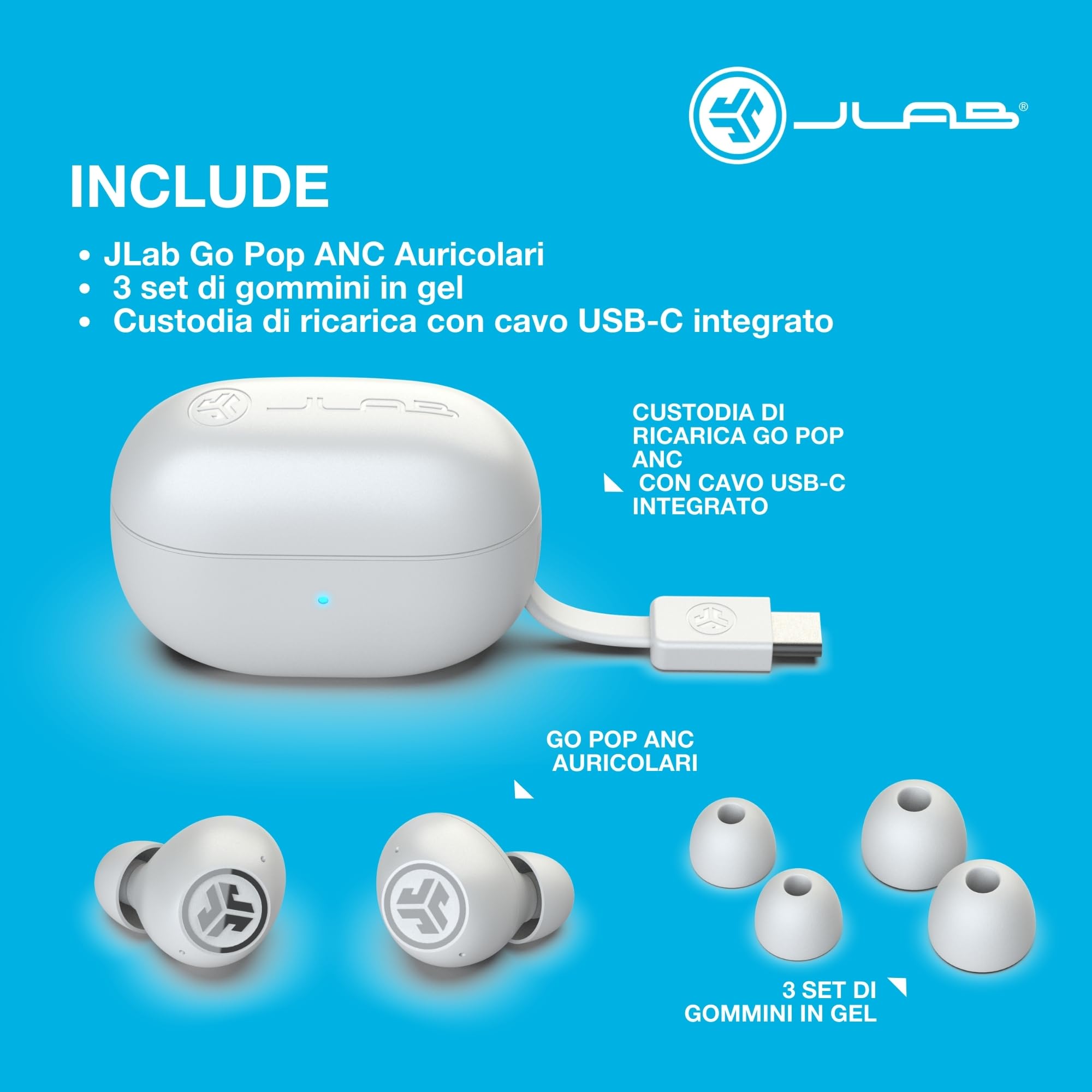 JLab Go Pop ANC Auricolari Bluetooth ANC, Bianco | 24+ h di autonomia, IP55 resistenti al sudore, microfono, chiamate chiare e connessione multipoint