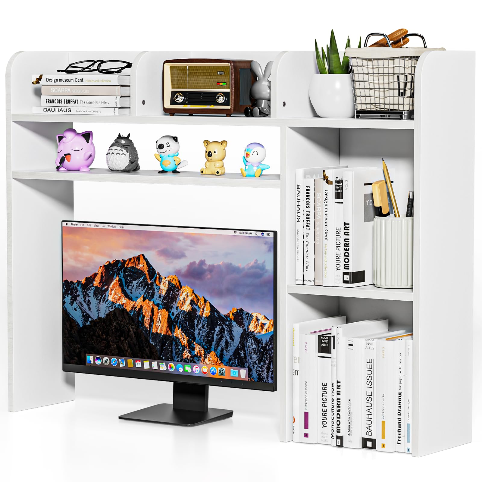 Photo 1 of YGYQZ Desktop Bookshelf, White Desk Hutch with 6 Shelves for Computer Desk, Multipurpose Wood Desk Shelf Storage Organizer for Dorm Office Home