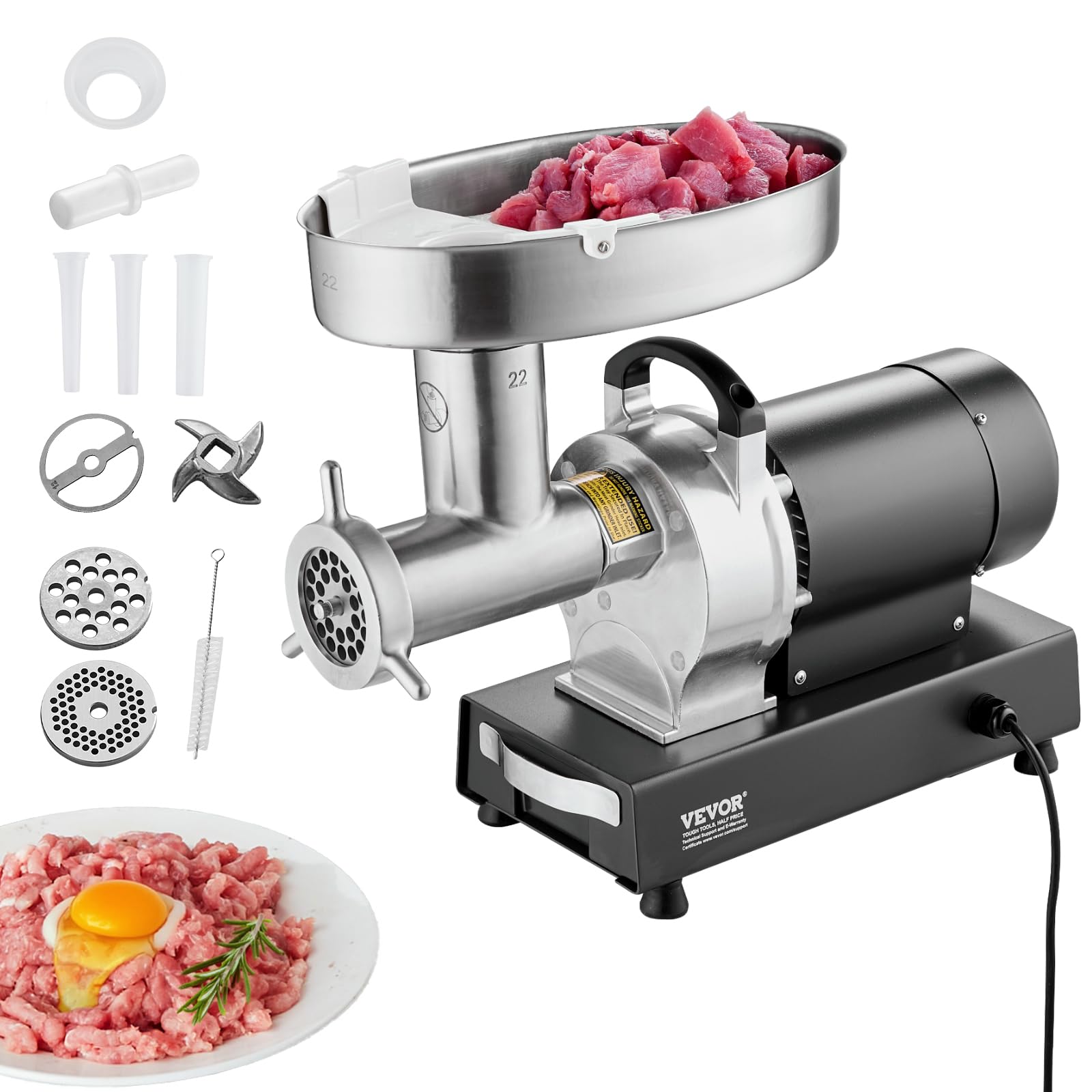 VEVOR Tritacarne Elettrico, Capacità 6,35 kg/min Tritacarne Industriale da Banco con Lama, Piastra di Macinazione, Macchina per Salsicce, Tritacarne Commerciale in Acciaio Inossidabile per Cucina