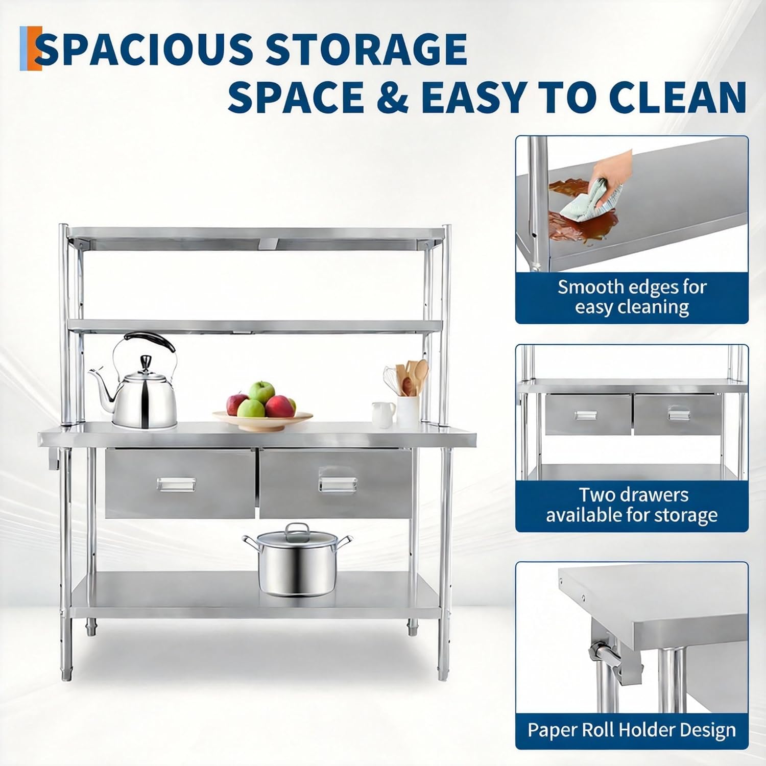 Garvee Stainless Steel Table with Shelves and Drawers, 48" X 24" Commercial Work Tables with 2-Tier Overshelves, Metal Kitchen Prep Table for Home Restaurant Garage, Commercial Workbench