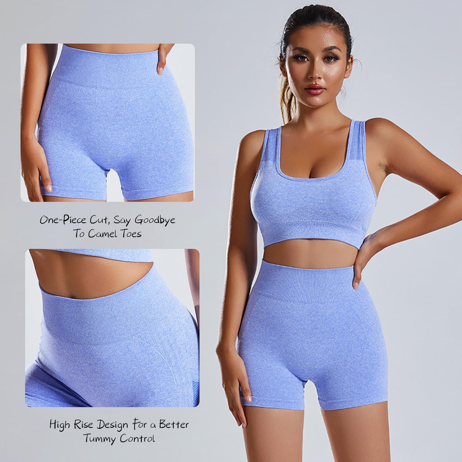 Conjunto Deportivo Sin Costuras Mujer Conjunto de Entrenamiento de 2 Piezas Elásticos Short de Cintura Alta Top Deportivo con Corte en la Espalda