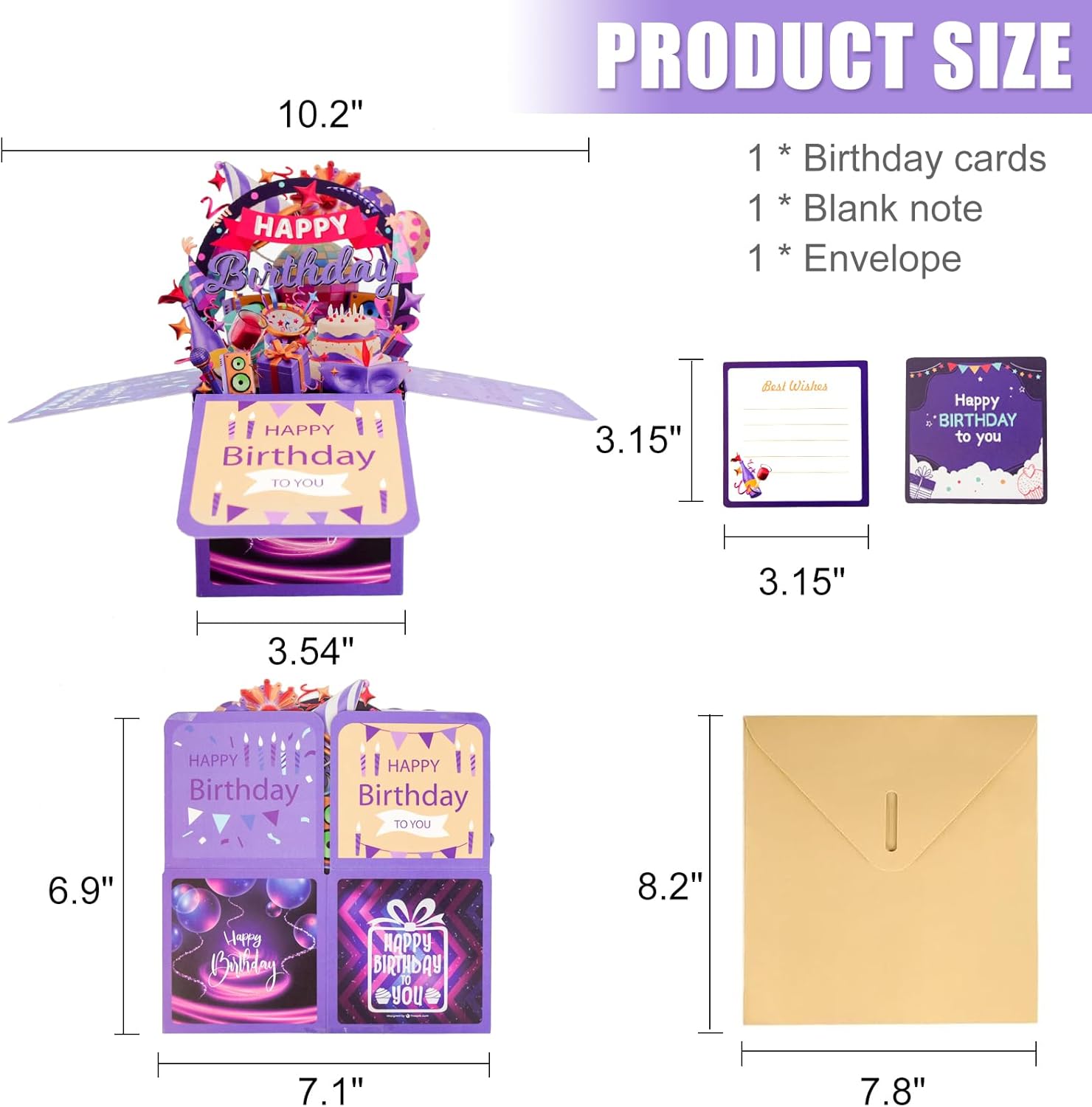Surprise Pop Up Happy Birthday Cards, Lovely 3D Birthday Card for Adults and Kids with Envelopes, Unique Design Handmade Foldable Greeting Cards for Daughter, Son, Mom, Dad, Friend（Deep Purple） - Image 2