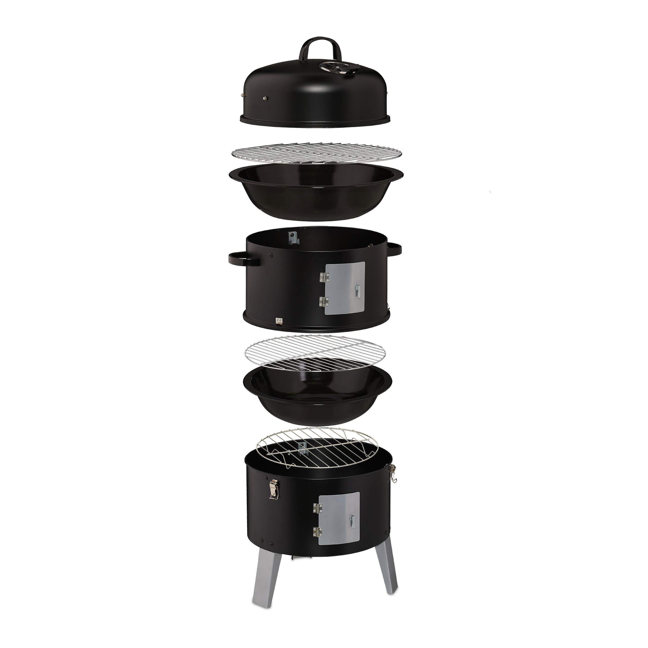 Relaxdays Ahumador Barbacoa 3en1, Barril Asar, Ahumar y Cocinar Carnes, Termómetro y Salida de Aire, ∅40cm, Acero, Negro