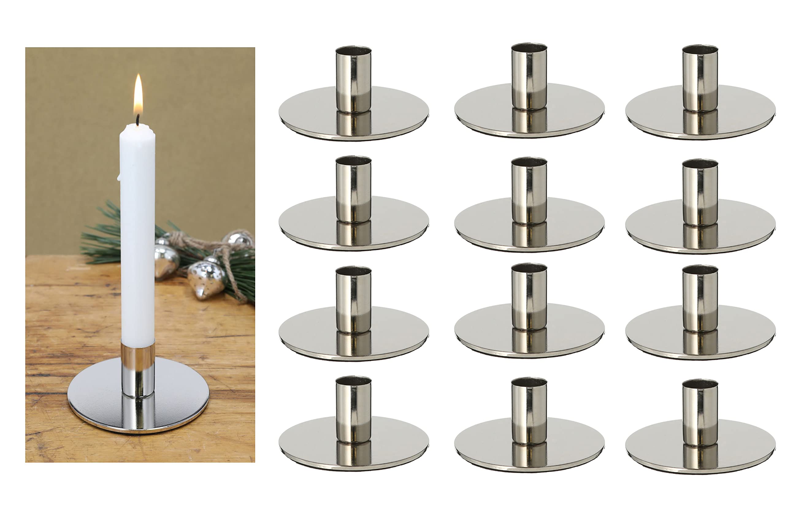 Novaliv 12er-Set Stabkerzenhalter Metall Silber 10x5cm weihnachtliche Tischdeko Kerzenständer Kerzenpin scandic chic Home Deko Vintage Kerzenhalter Retro Wohnzimmerdekoration Dekoschale