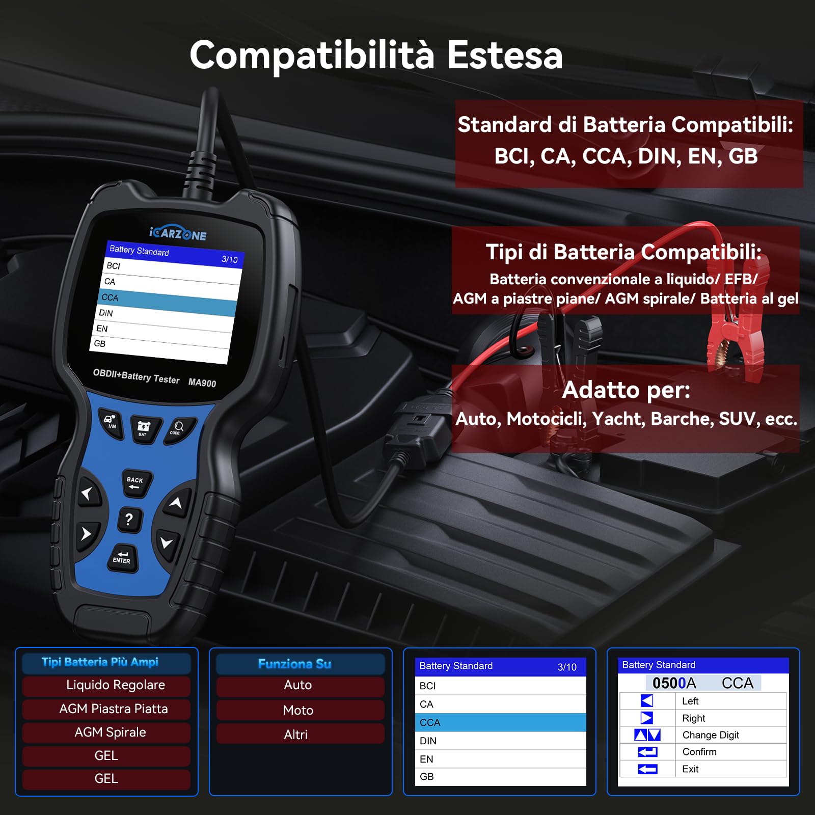 MA900 Tester Batteria Auto + Scanner OBD2 -Test di Scarica, Test di Avviamento, Test di Carica, Lettura OBFCM, Leggere/Cancellare Codici, Dati in Tempo Reale, per Auto/Motocicletta-12V/24V