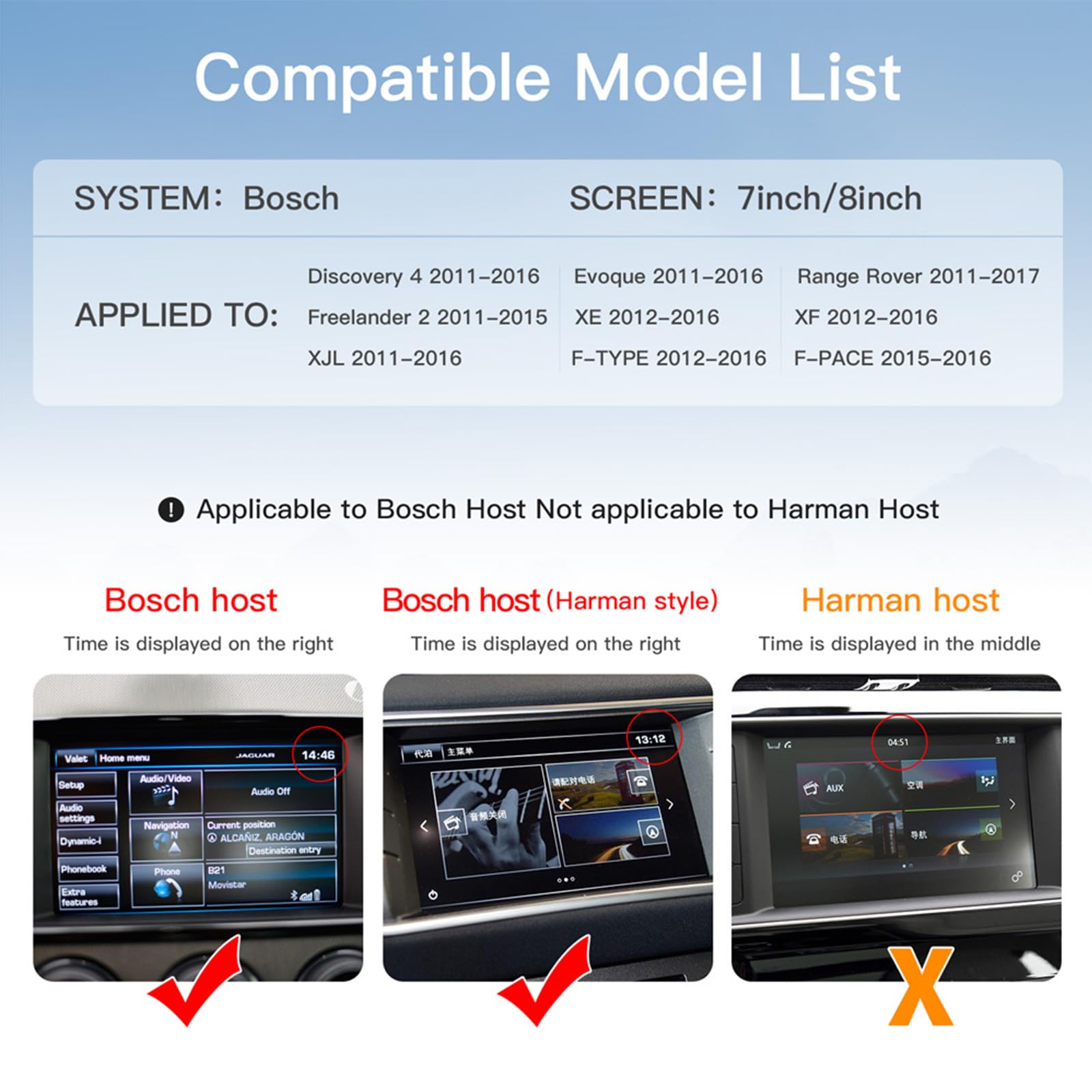 Module auto sans fil Carplay/Android pour Land Rover Jaguar Bosch Discovery 4 Aurora Freelander 2 XE XF XJ avec système Bosch 2011-2016 Support Mirrorlink et fonctions OEM voiture