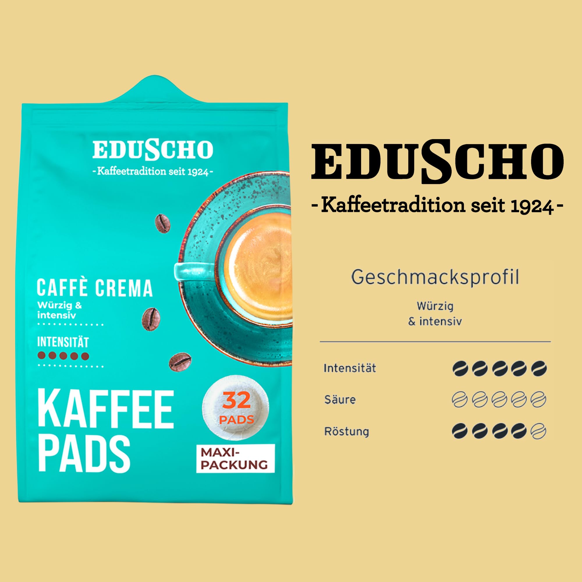 Eduscho Kaffeepads Vorratspack Maxi Packung, Caffè Crema, 384 Pads – 12 x 32 Pads, würzig, intensiv, für alle Pad Maschinen, industriell kompostierbar