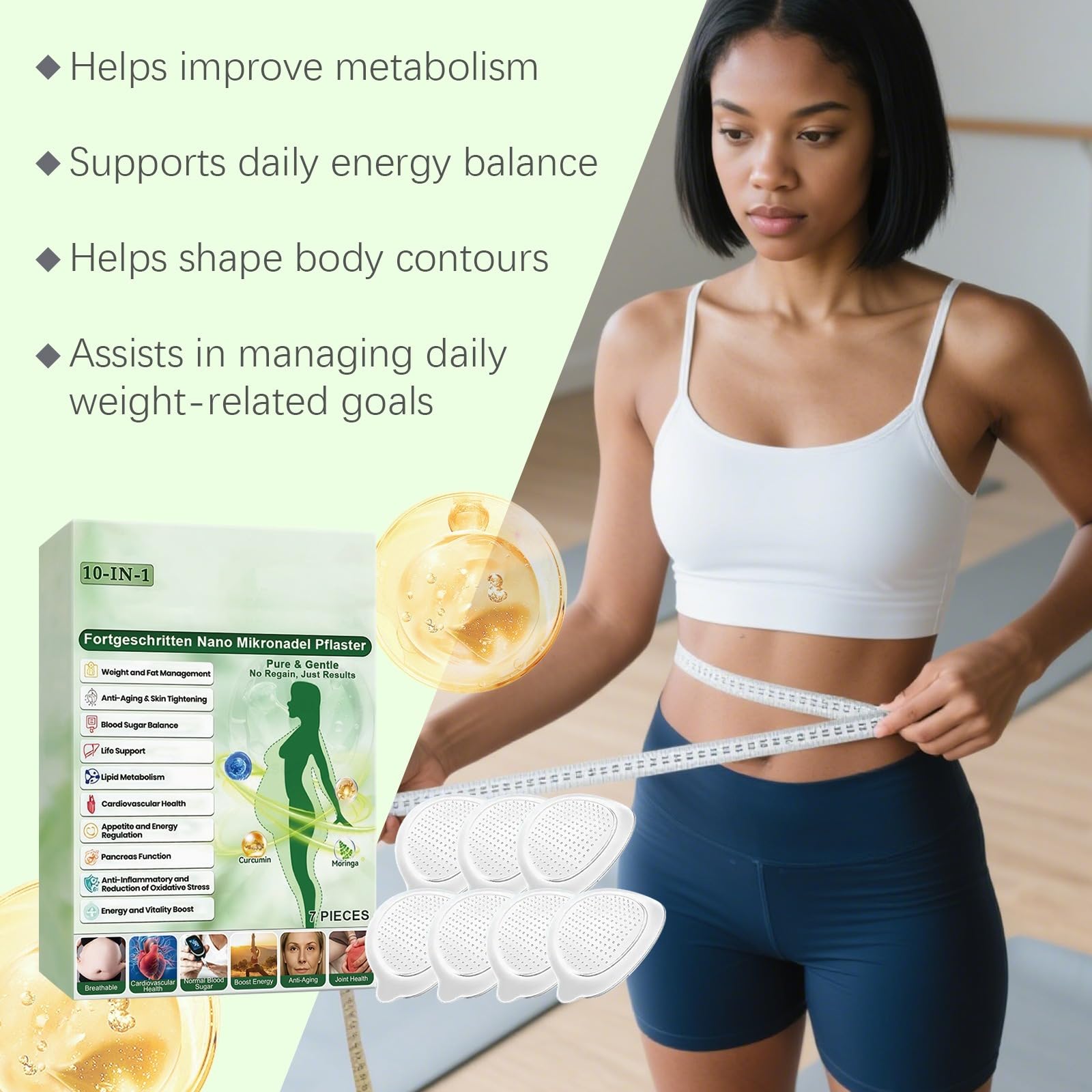 Plaster Moringa x Berberine 10 w 1, plastry odchudzające Nano Microneedle na kaszs Typy ciała Codzienne użytkowanie Zaawansowane naturalne składniki, skóra ujędrniająca, łatwa aplikacja