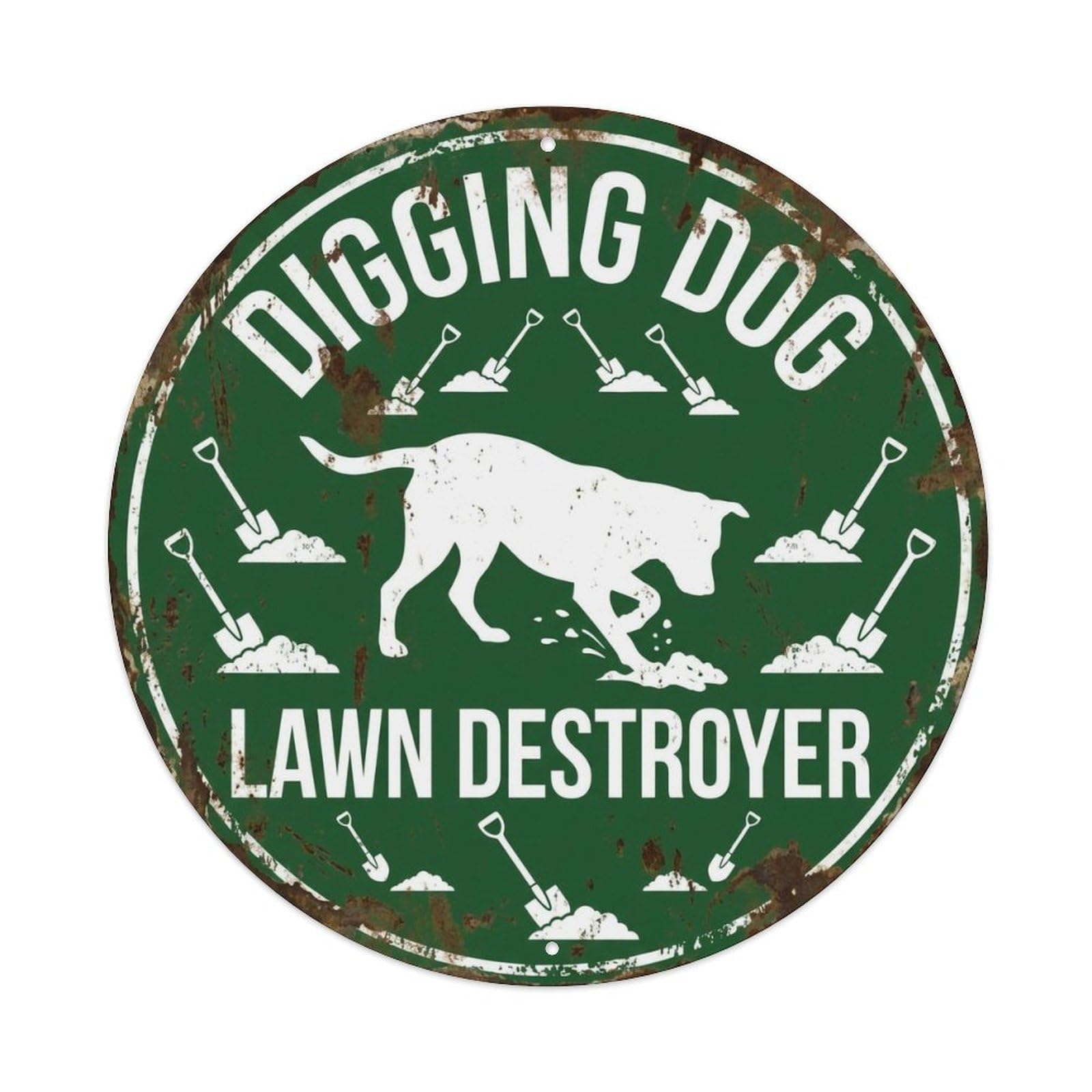 Dog Digging Warning Round Wall Hanging Metal Tin Sign