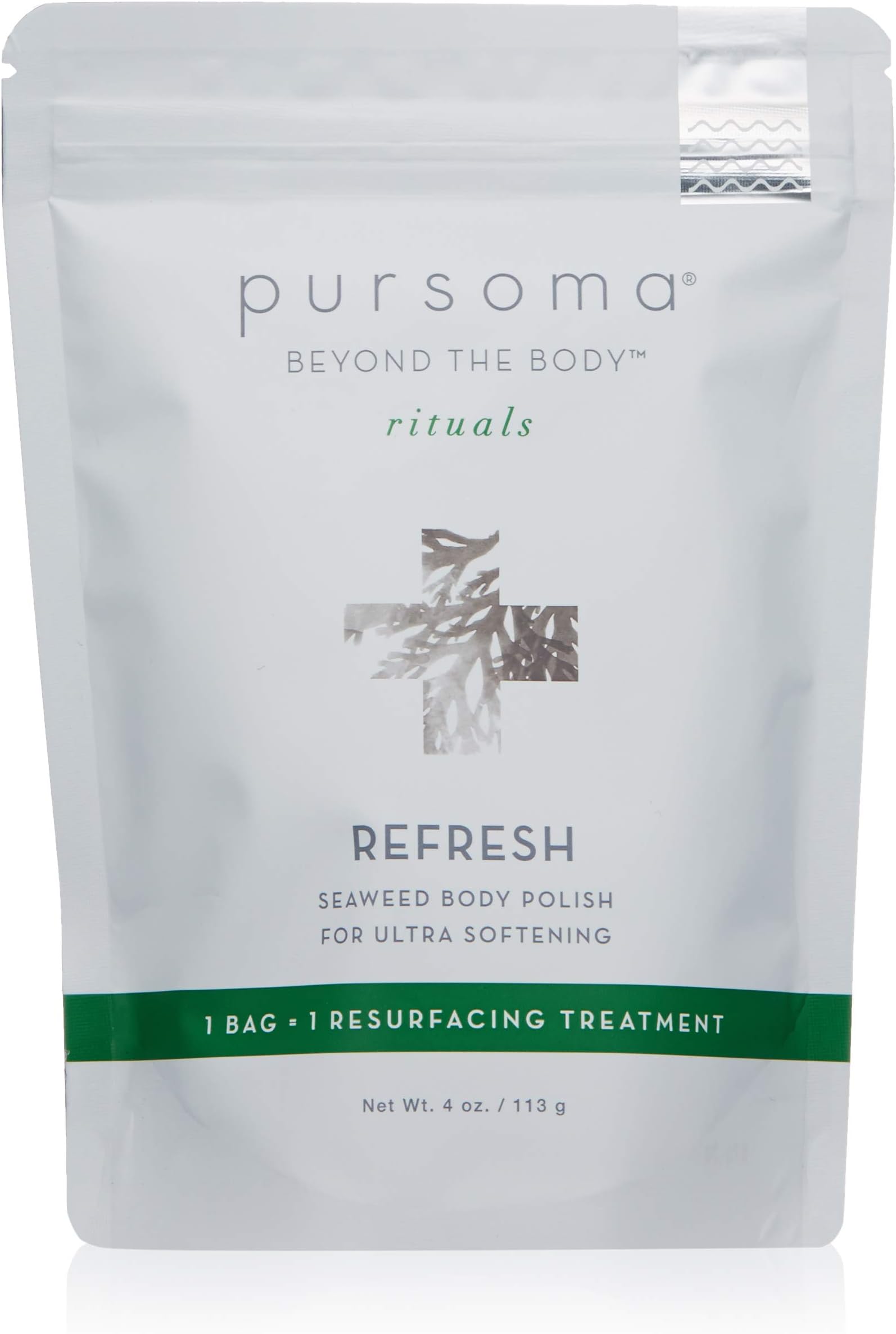 Pursoma REFRESH Seaweed Body Polish with French Grey Sea Salt, Organic Green and Brown Algae, and Dry Oil Infusion | Detoxifying and Exfoliating Seaweed Body Scrub and Rejuvenating Body Polish | 4 oz